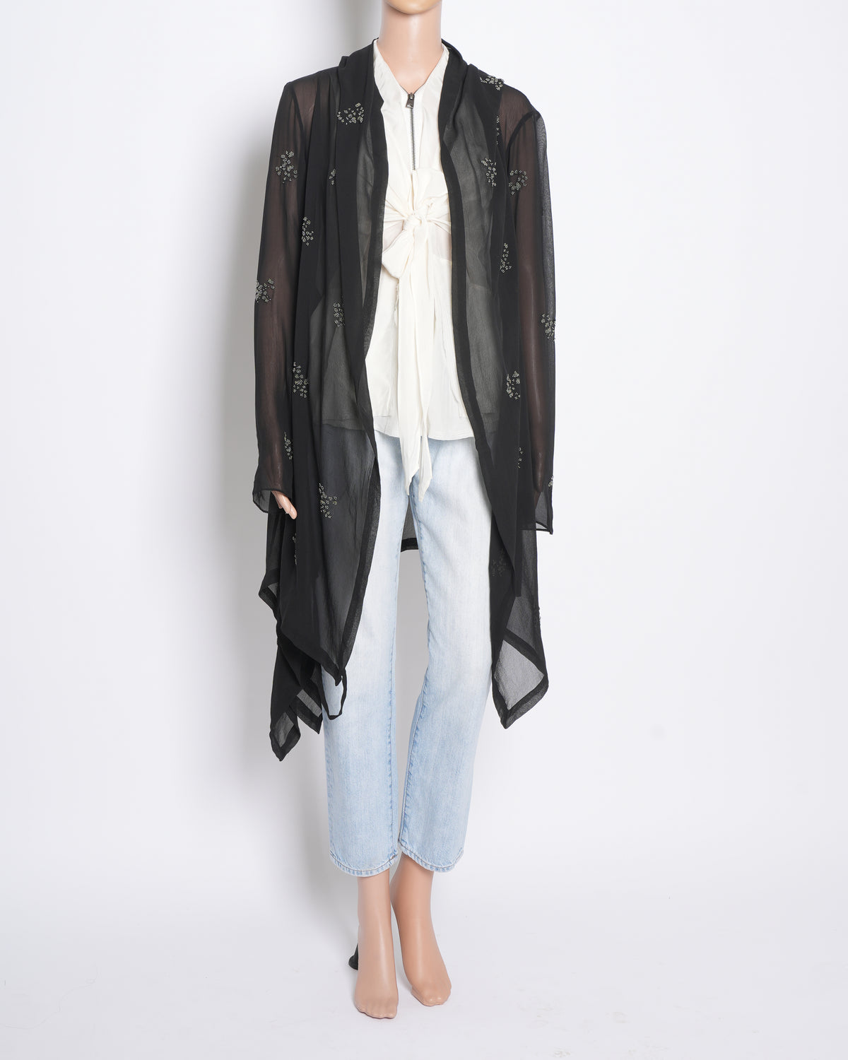 Peachoo Black Sheer Shrug With Scattered Work