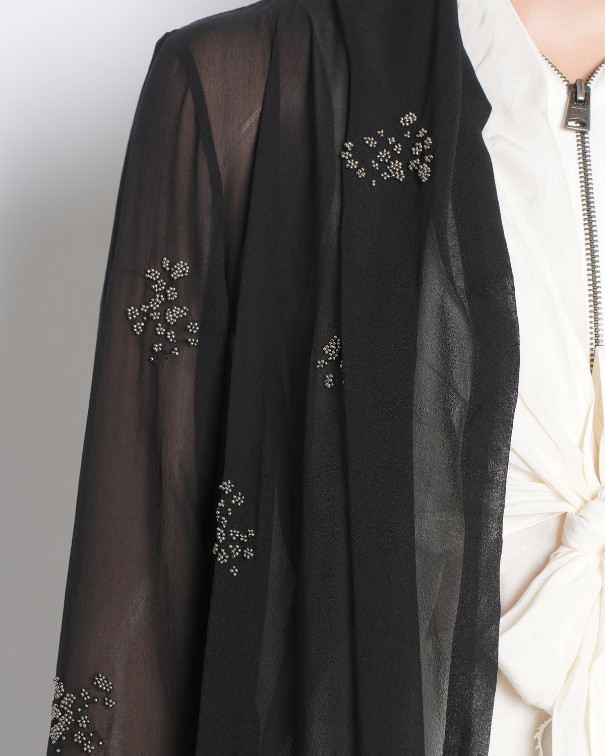 Peachoo Black Sheer Shrug With Scattered Work