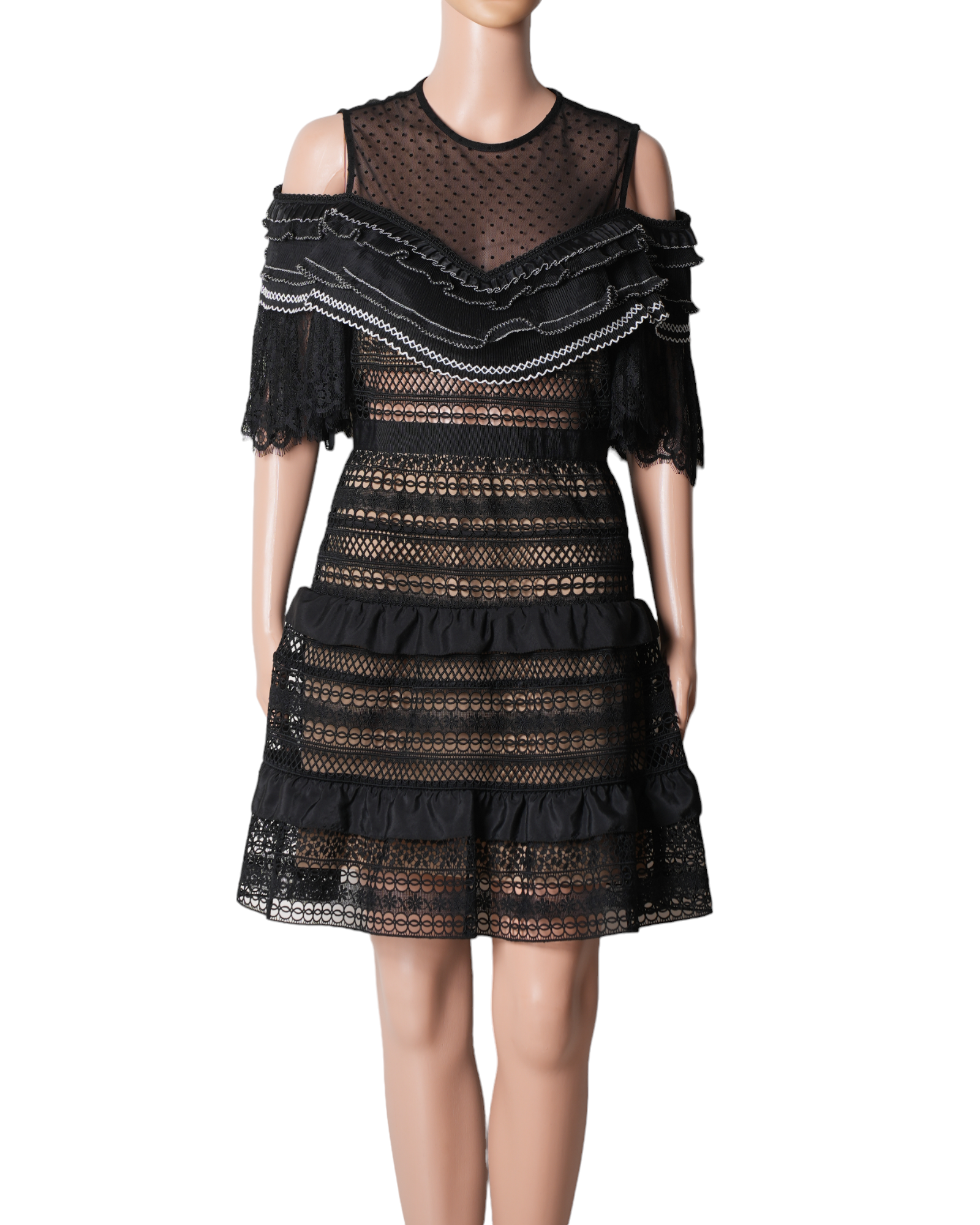 Self Portrait Stripe Paneled Lace Dress In Black