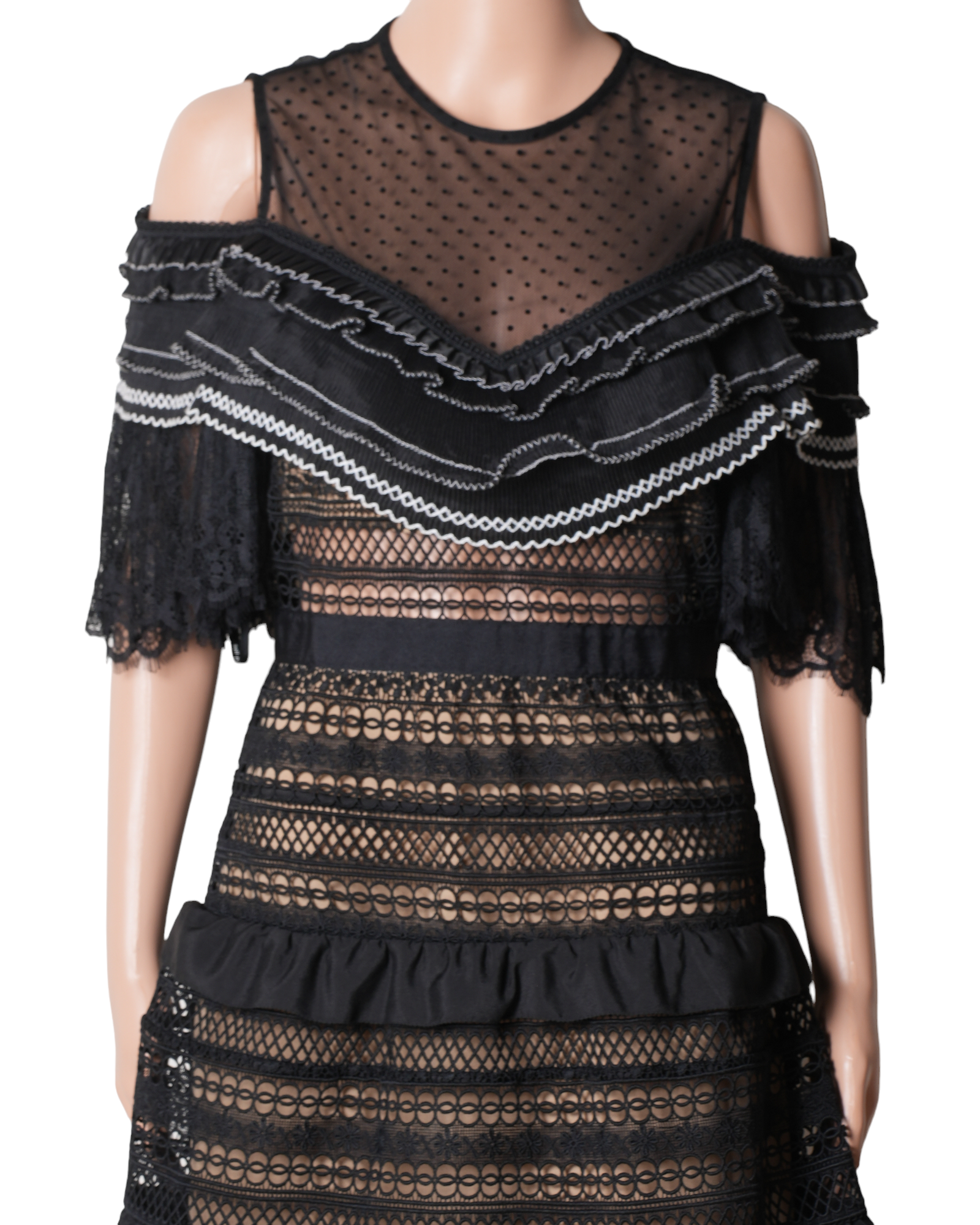 Self Portrait Stripe Paneled Lace Dress In Black