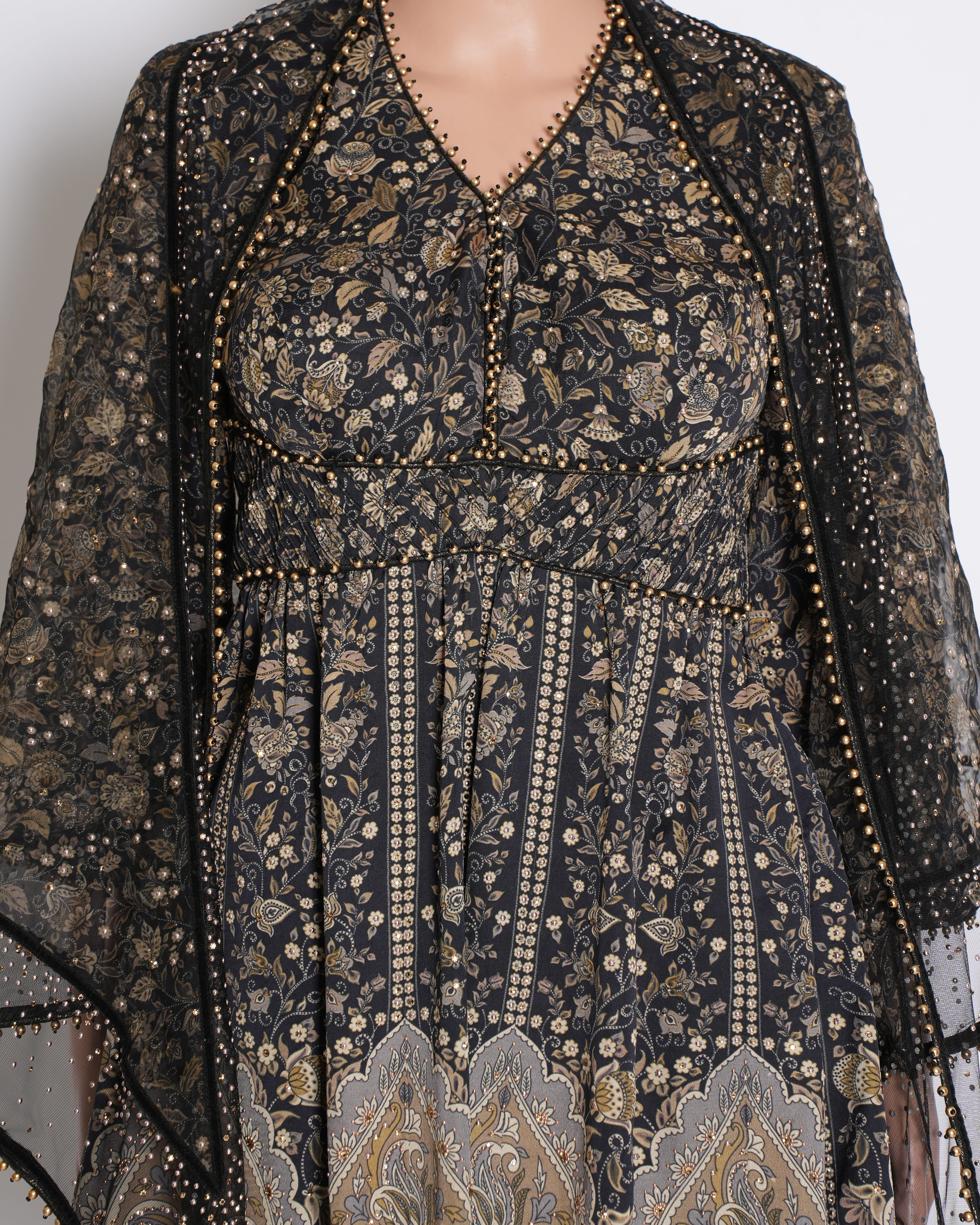 Tarun Tahiliani Black & Beige Embroidered 3-Piece Cape Set