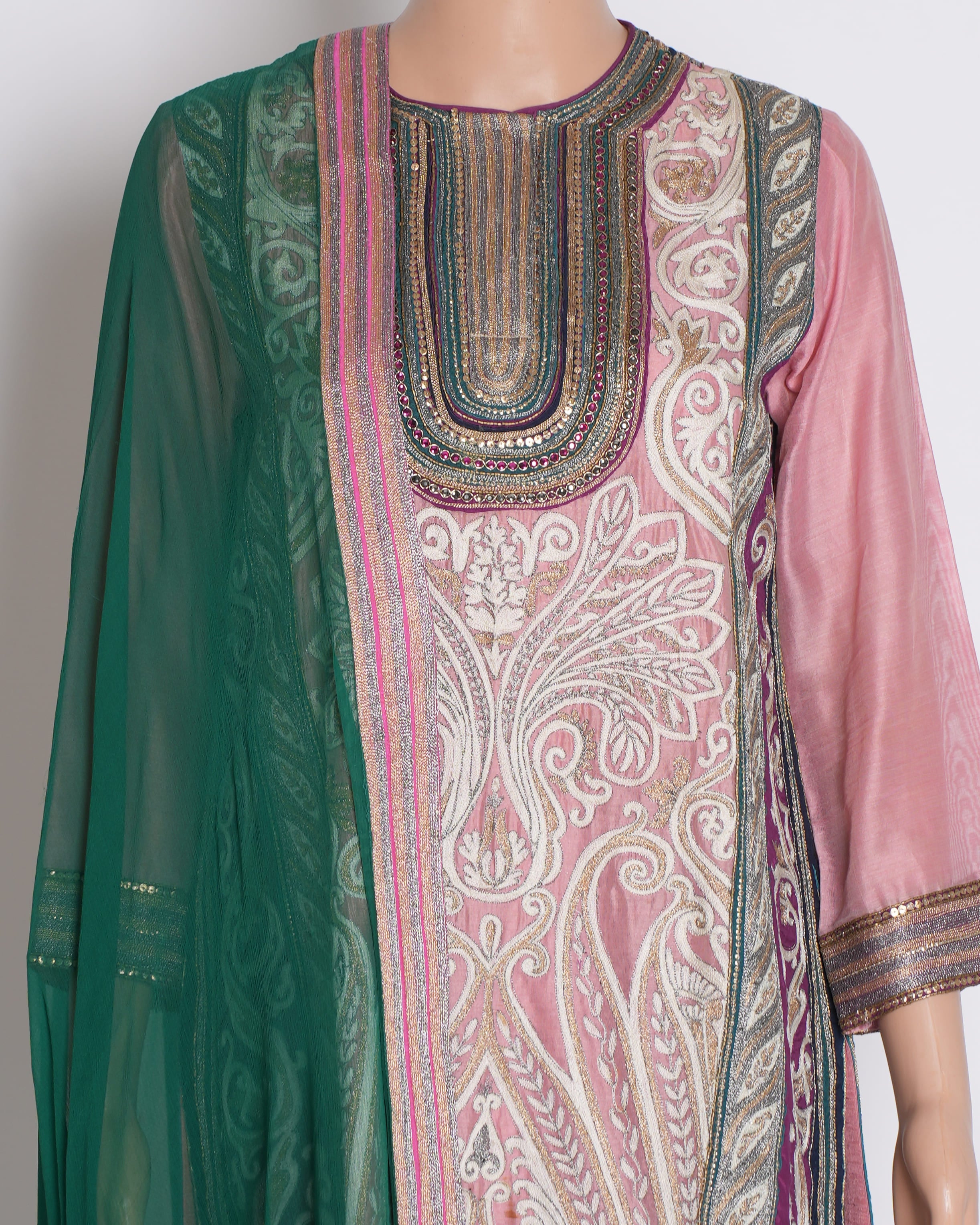 Pankaj & Nidhi Set of 3 Kurta Sets in Green & Pink
