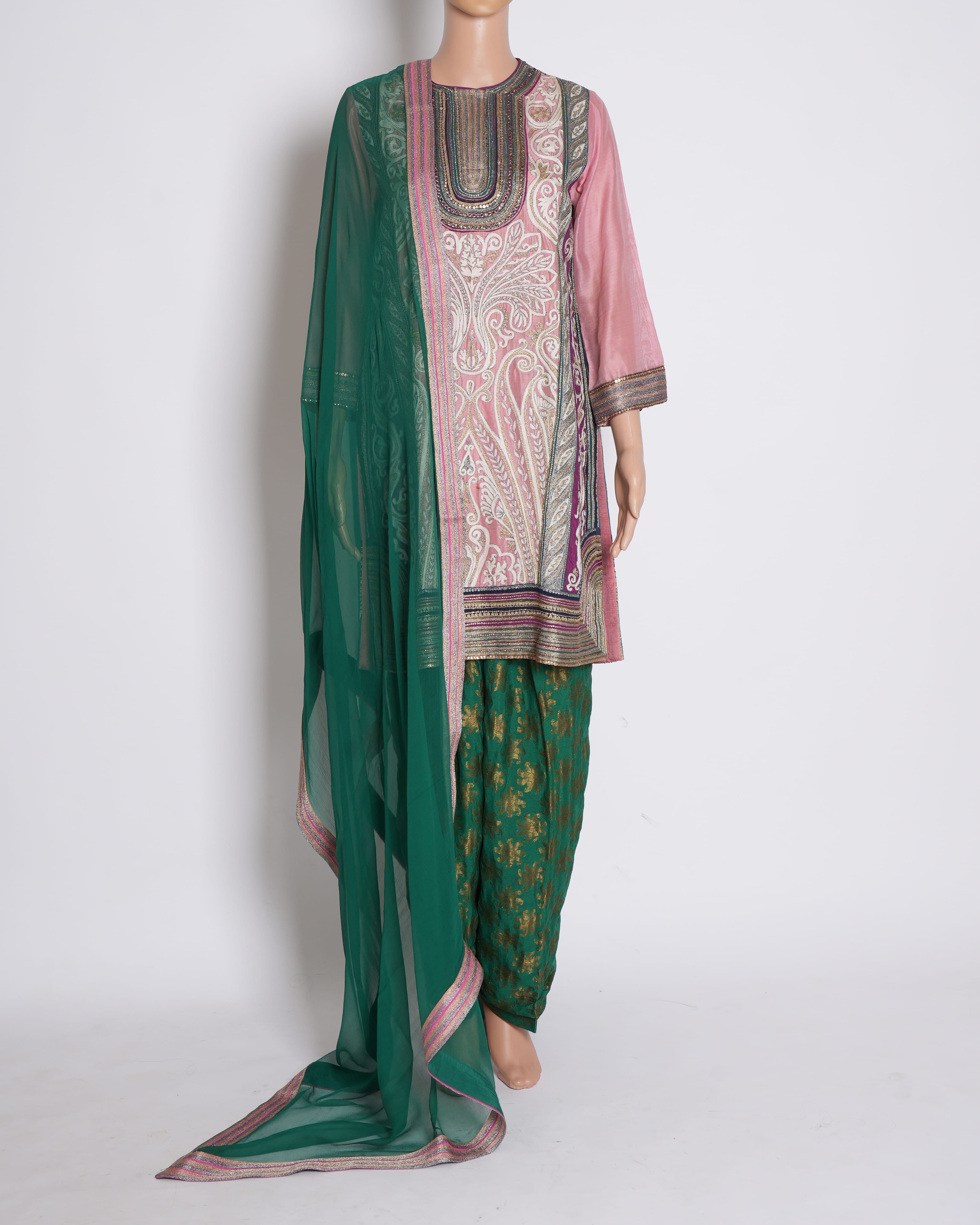 Pankaj & Nidhi Set of 3 Kurta Sets in Green & Pink