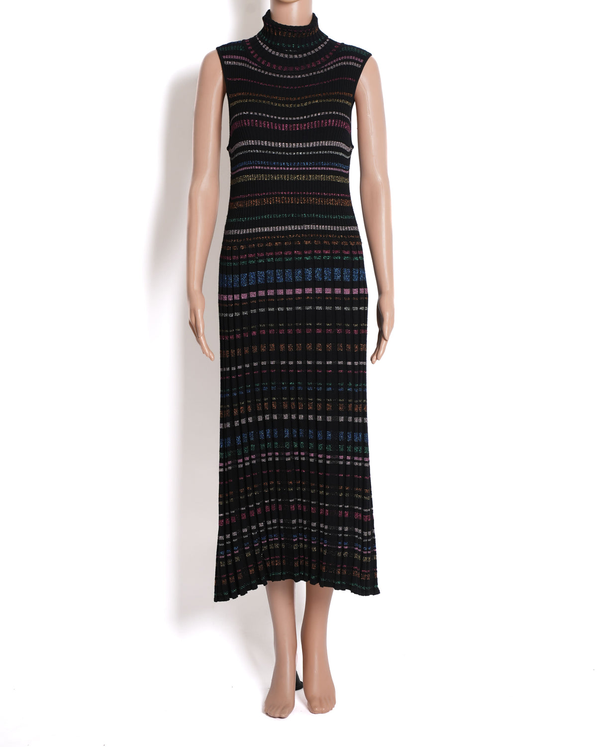 Milly Pleated Metallic Stripe Turtleneck Knit Dress
