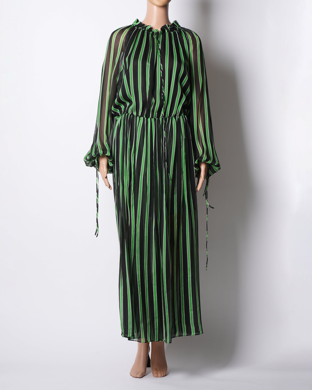 MSGM Green Striped Seta Silk Dress