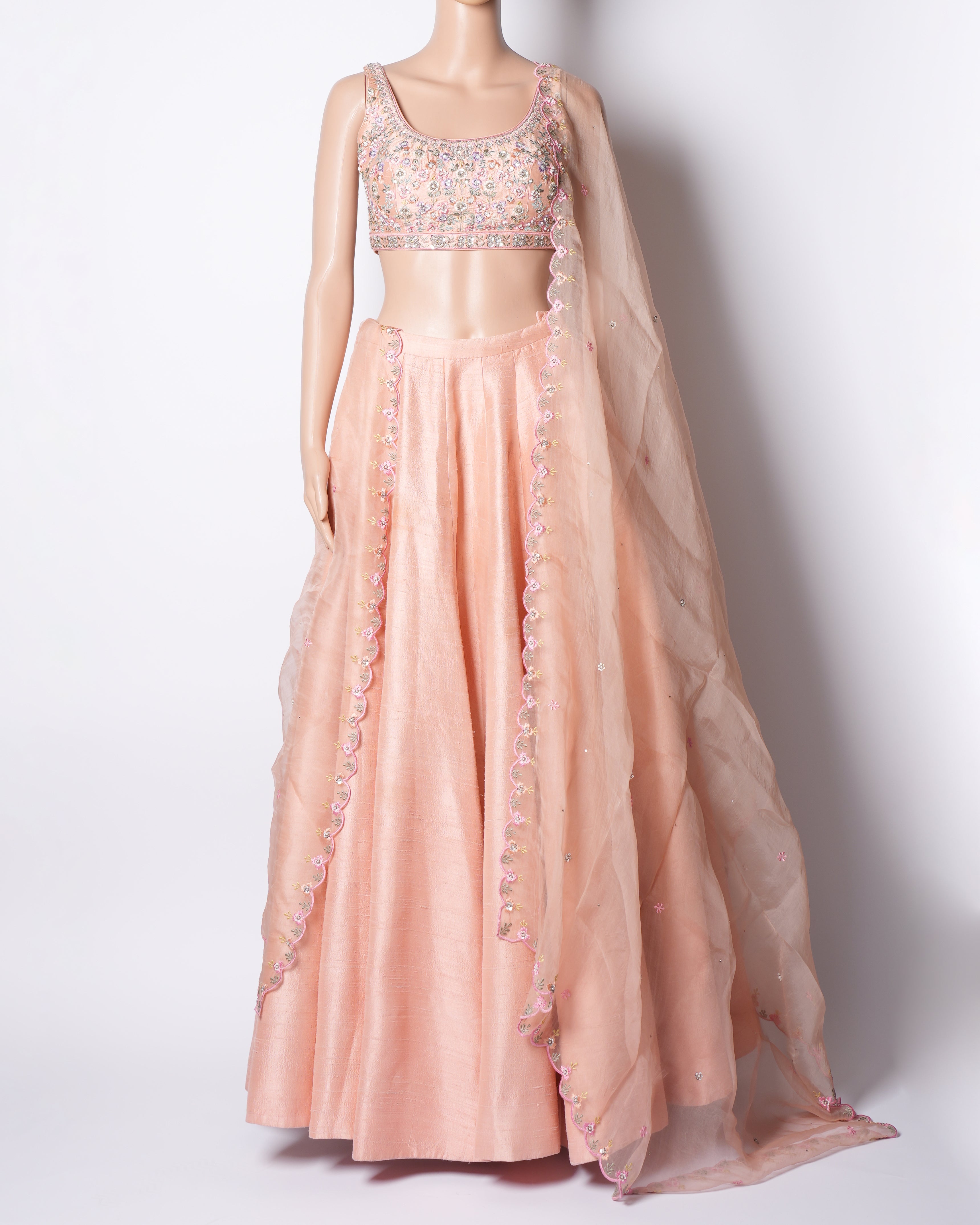 Anita Dongre Vrishti Flowral Embroidered Lehenga Set In Peach