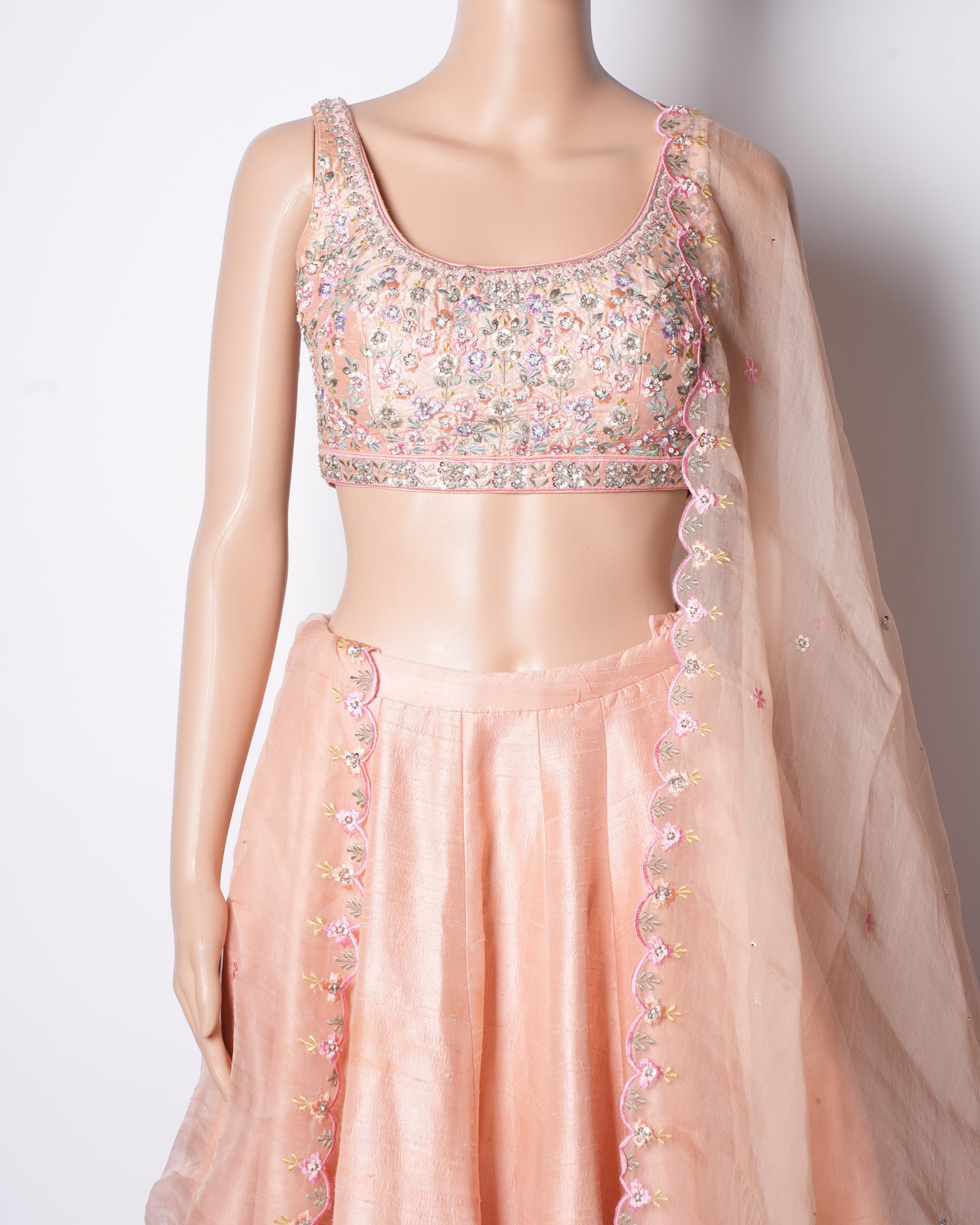 Anita Dongre Vrishti Flowral Embroidered Lehenga Set In Peach