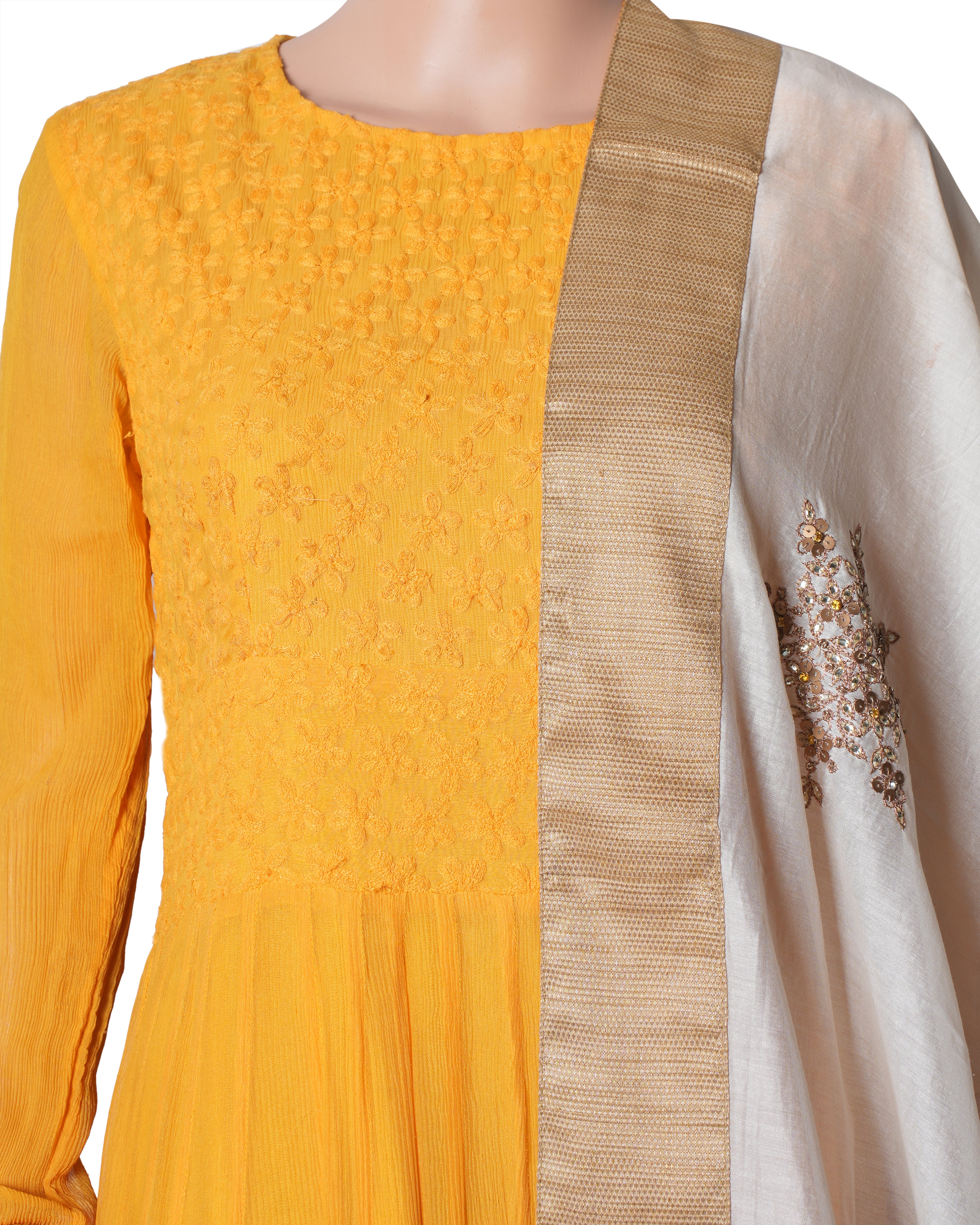 Lace Work On Yellow Designer Anarkali Salwar Kameez In Banglori Silk Fabric