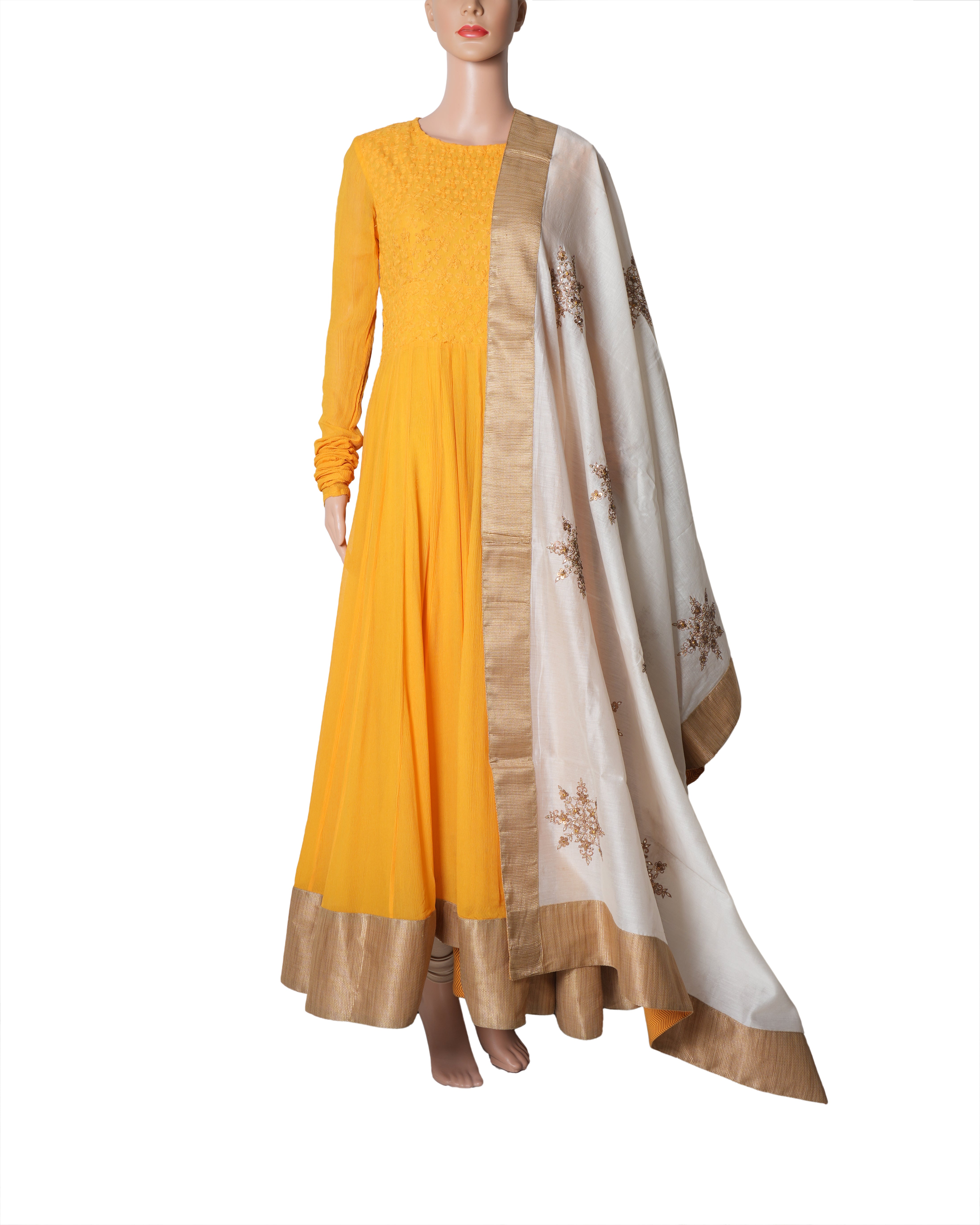 Yellow satin plain anarkali suit with printed dupatta | Anarkali suit, Plain  anarkali suits, Party wear gown