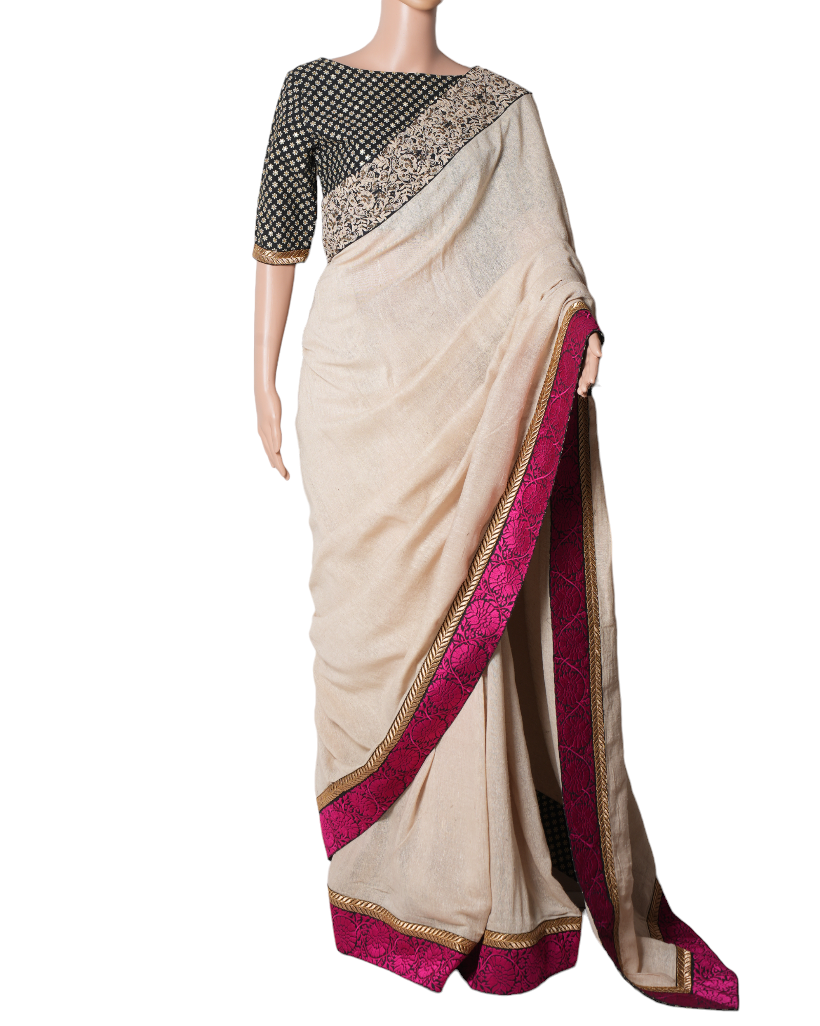 Sabyasachi Saree In Black & Offwhite With Contrast Pink Border