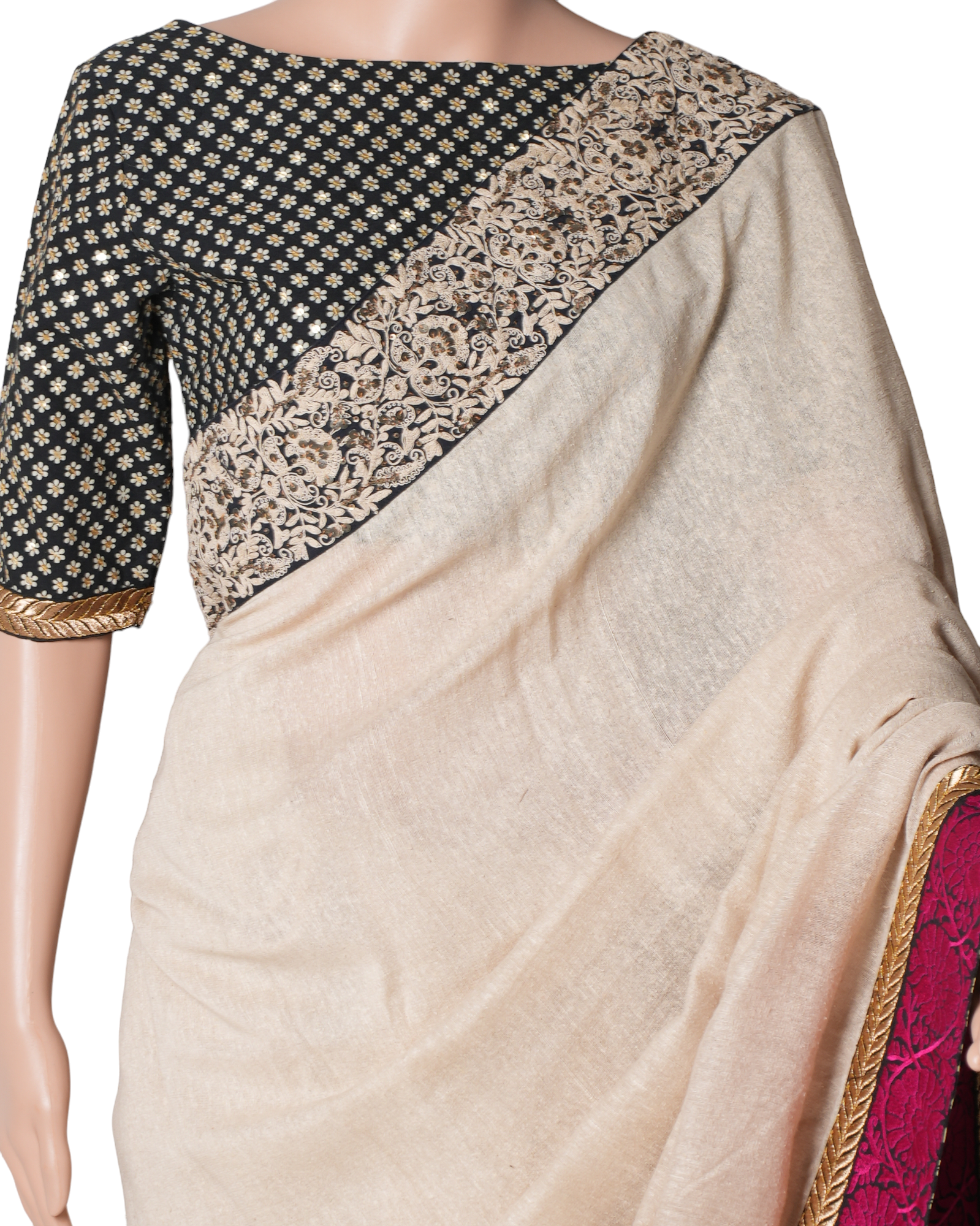 Sabyasachi Saree In Black & Offwhite With Contrast Pink Border