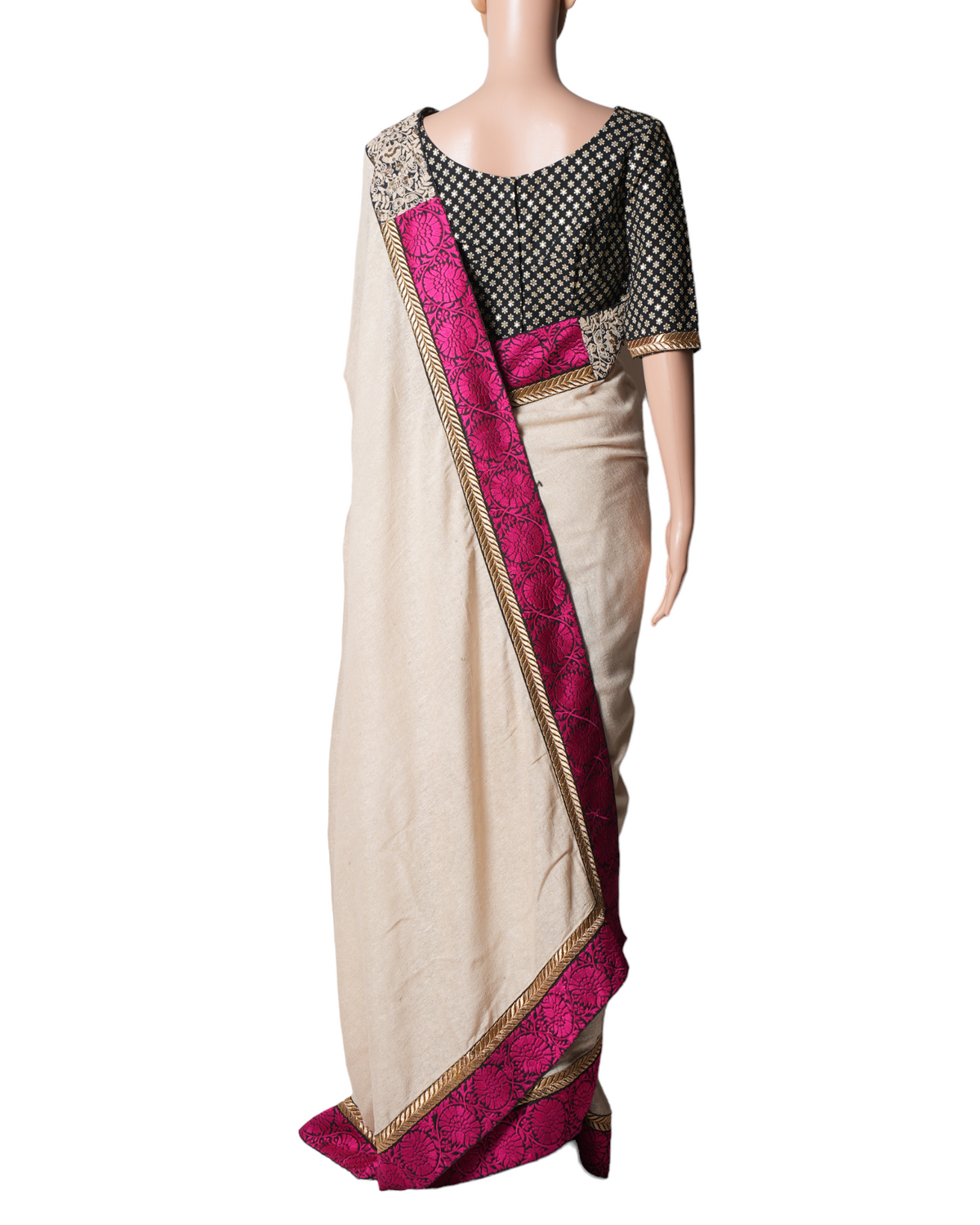 Sabyasachi Saree In Black & Offwhite With Contrast Pink Border