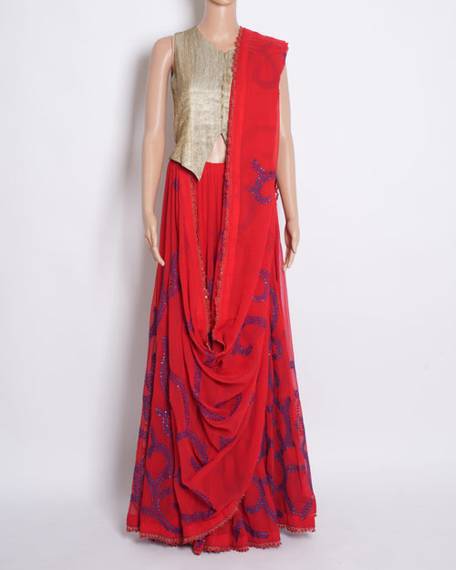Anamika Khanna Lehenga & Jacket Set in Red