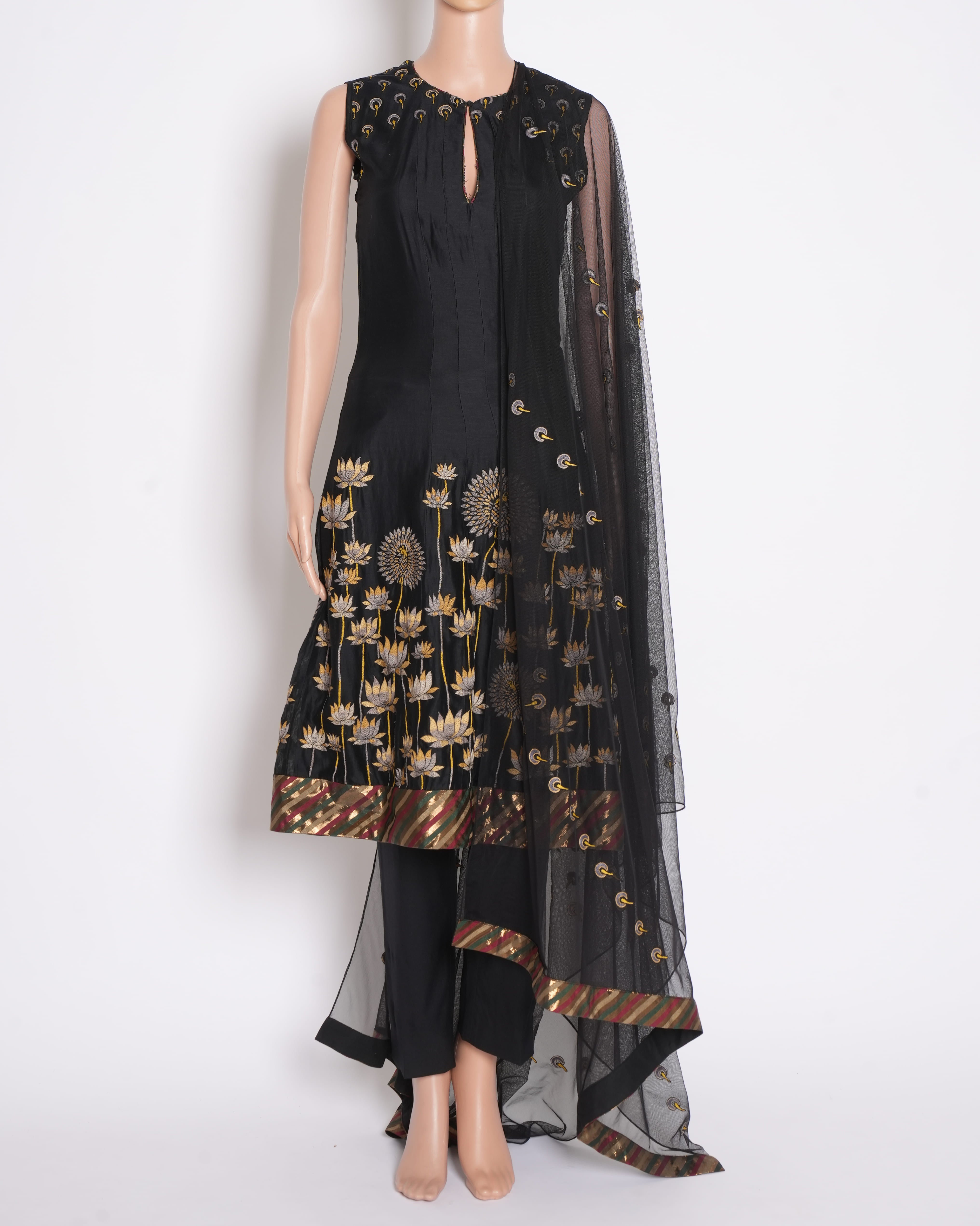 Rohit Bal Anarkali Set of 2 in Black with Lotus Detailing