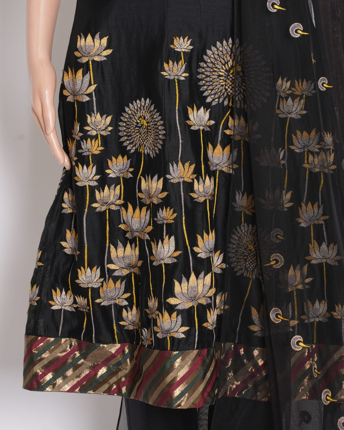 Rohit Bal Anarkali Set of 2 in Black with Lotus Detailing