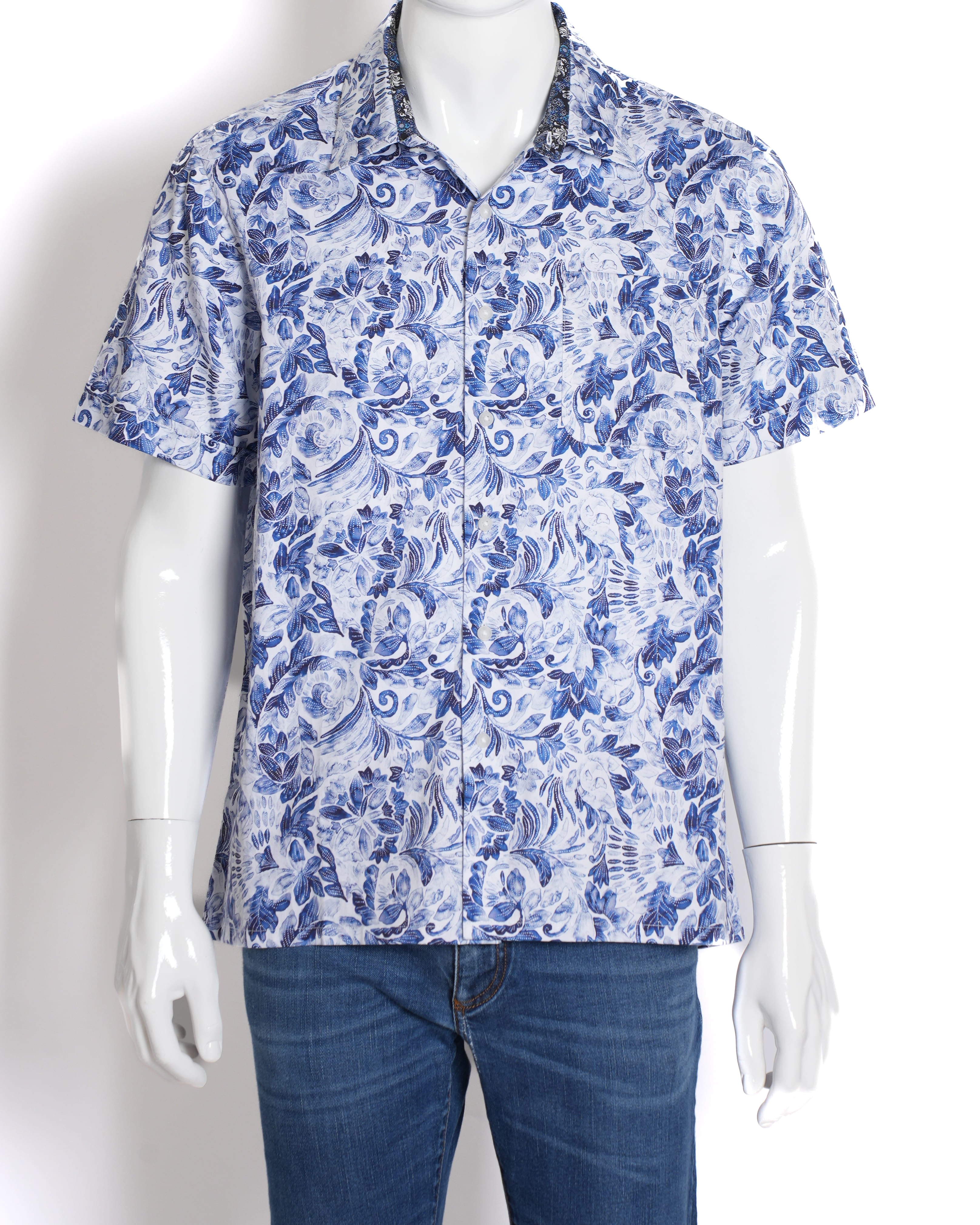 Roberto Graham Blue & White Button Down Full Sleeve Shirt In Floral Print
