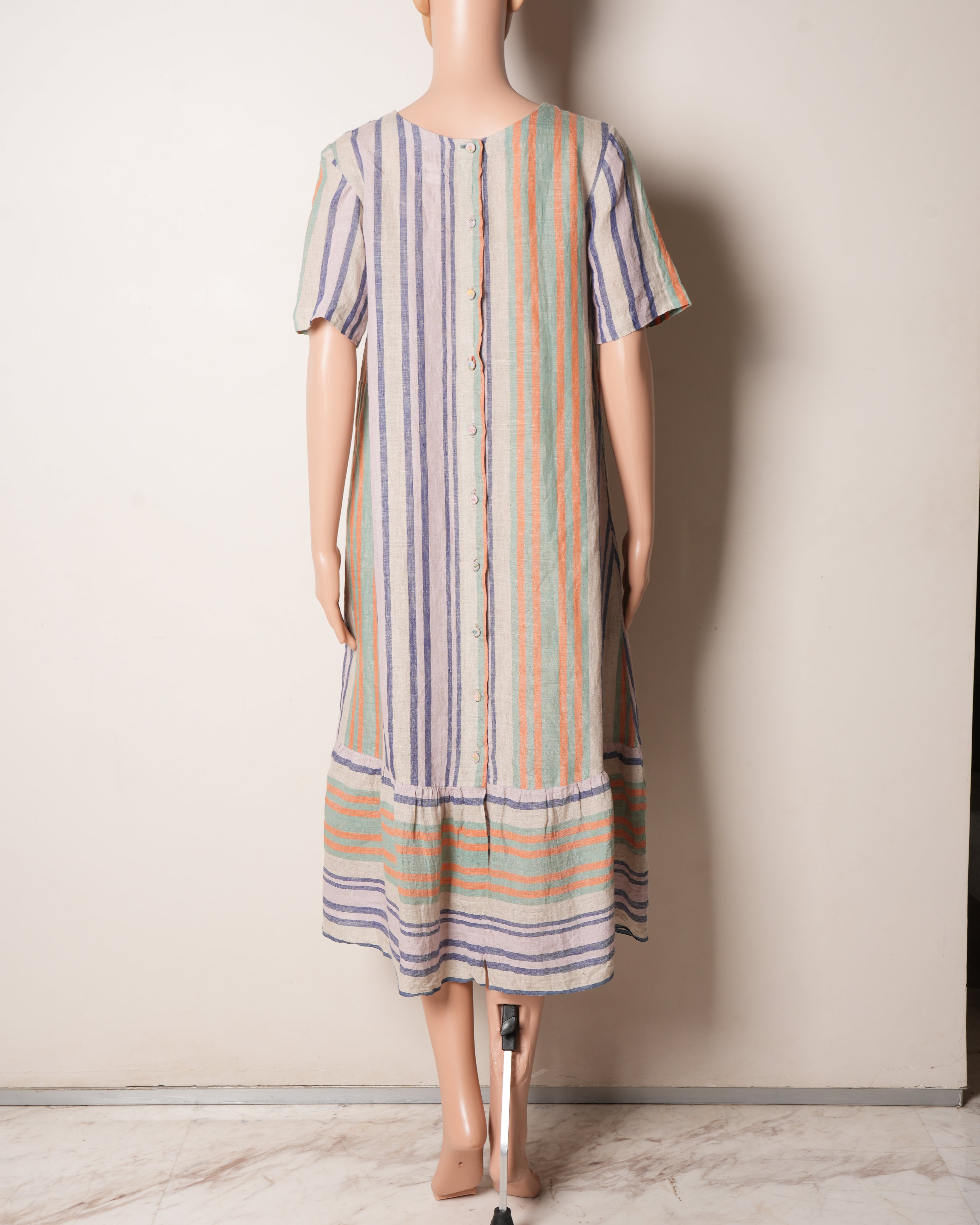 Eka Vertical Stripe Half Sleeves Tunic Dress With Frilled Hem