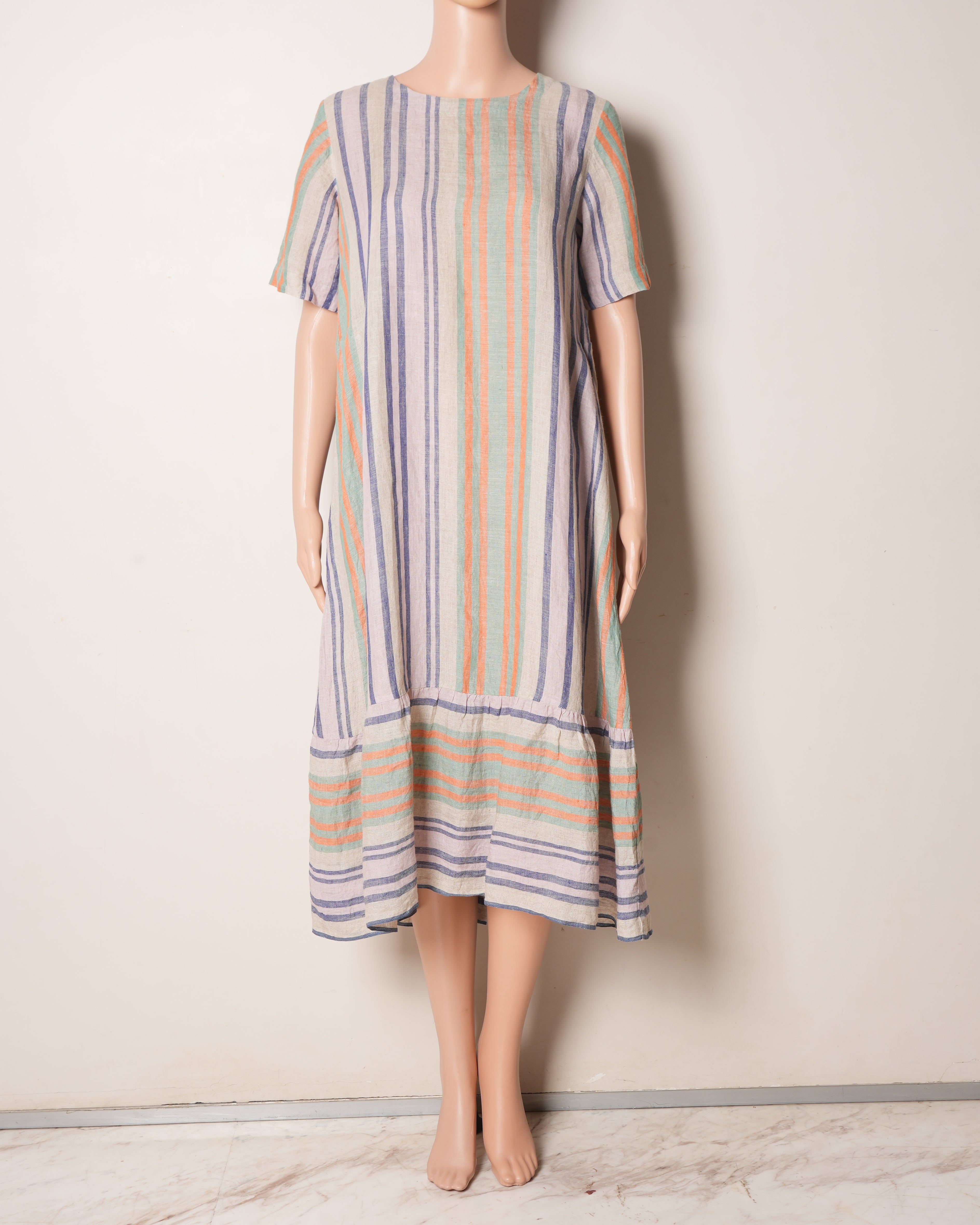 Eka Vertical Stripe Half Sleeves Tunic Dress With Frilled Hem