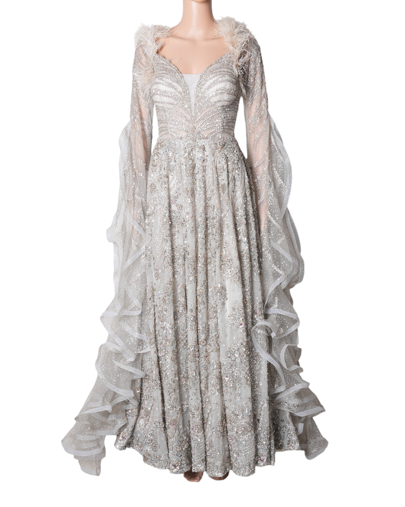 Dolly J Silver Alizeh Shimmer Tulle Full Length Kalidaar Gown