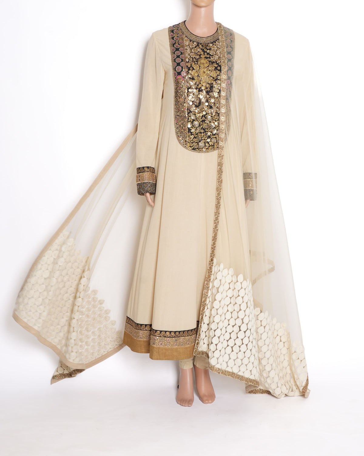 Sabyasachi Sequin Work Kurta Set Of 3 In Beige WIth Thick Border