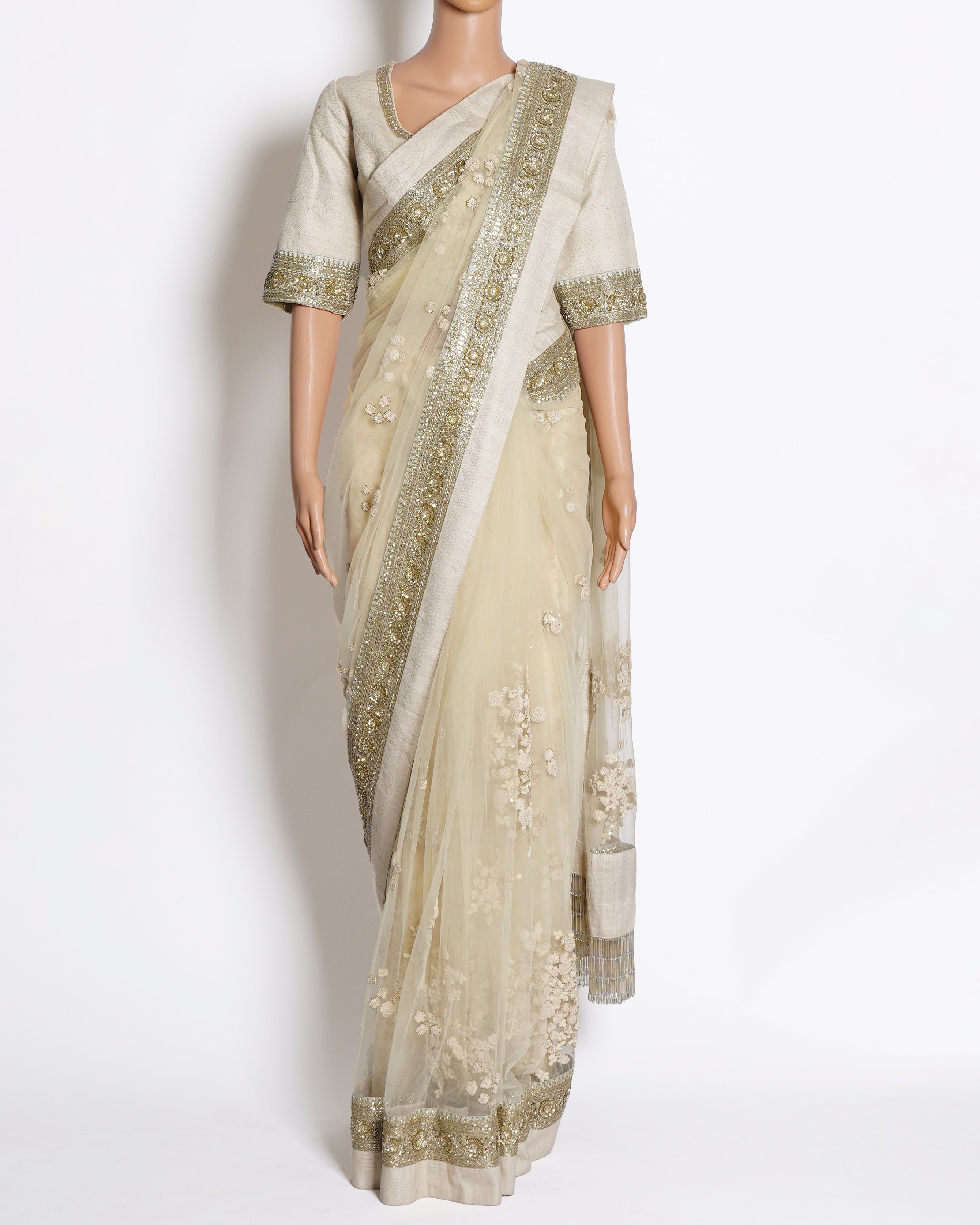 Sabyasachi off white embroidered net & silk saree with Blouse