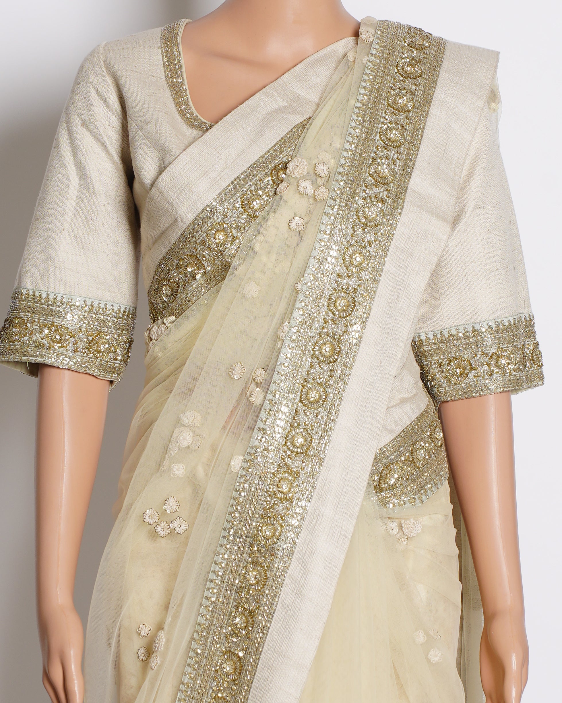 Sabyasachi off white embroidered net & silk saree with Blouse