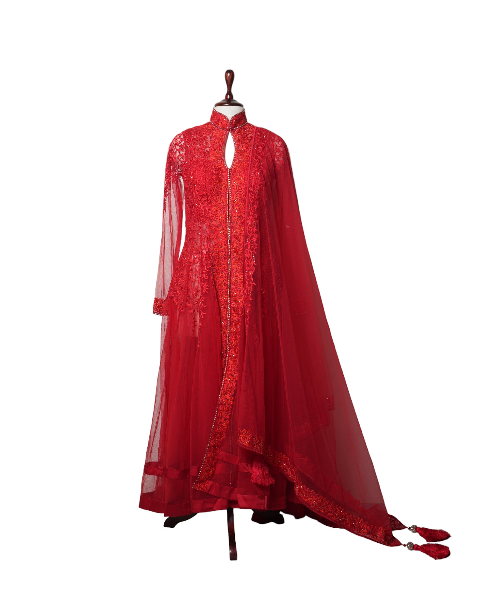 Amber Red Anarkali With Rhinestones