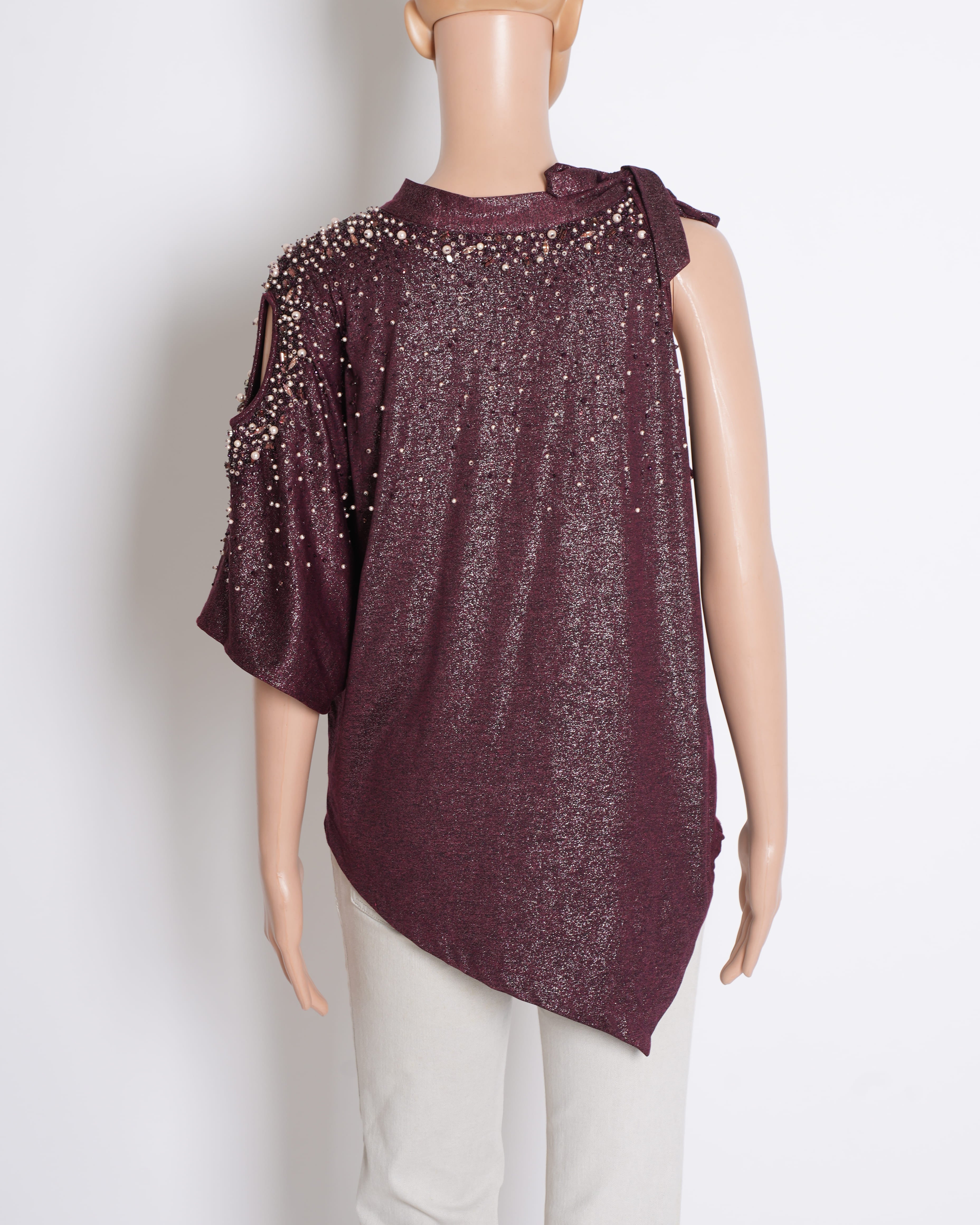 Rana Gill Single Shoulder Top In Metallic Maroon