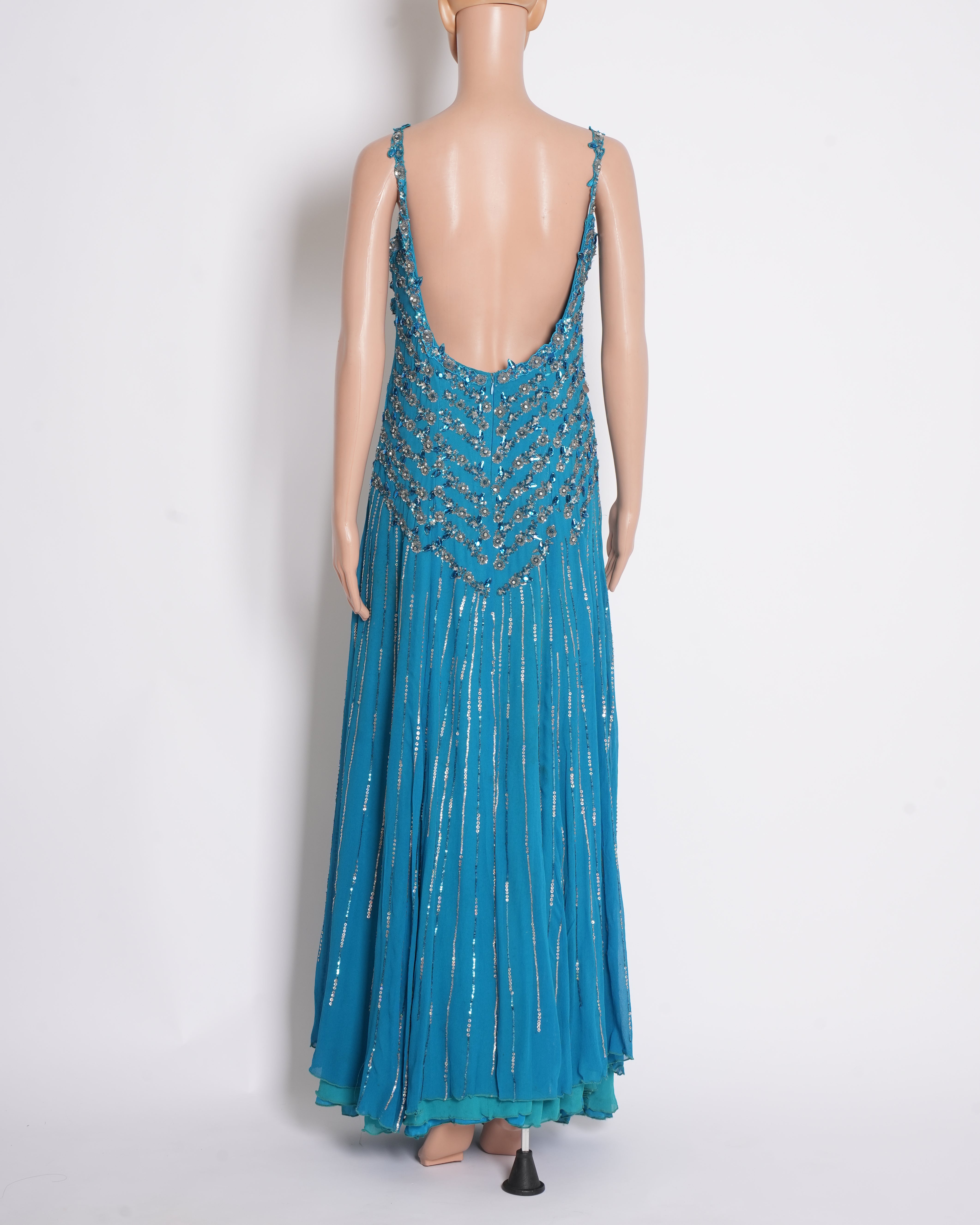 Tarun Tahiliani Teal Embroidered Gown