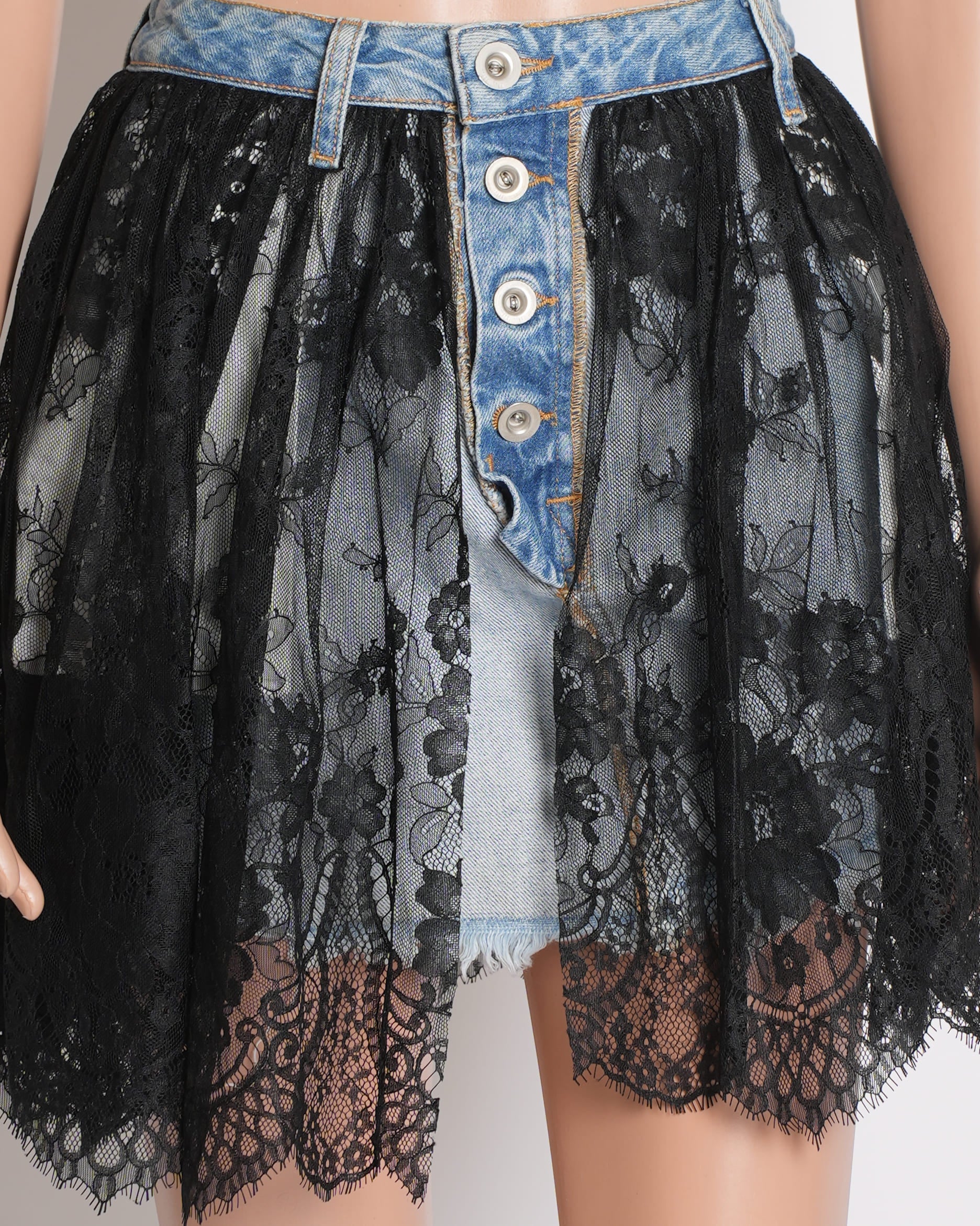 New UNRAVEL PROJECT Black Floral Lace Ruffle & Blue Denim Inside-Out Skirt