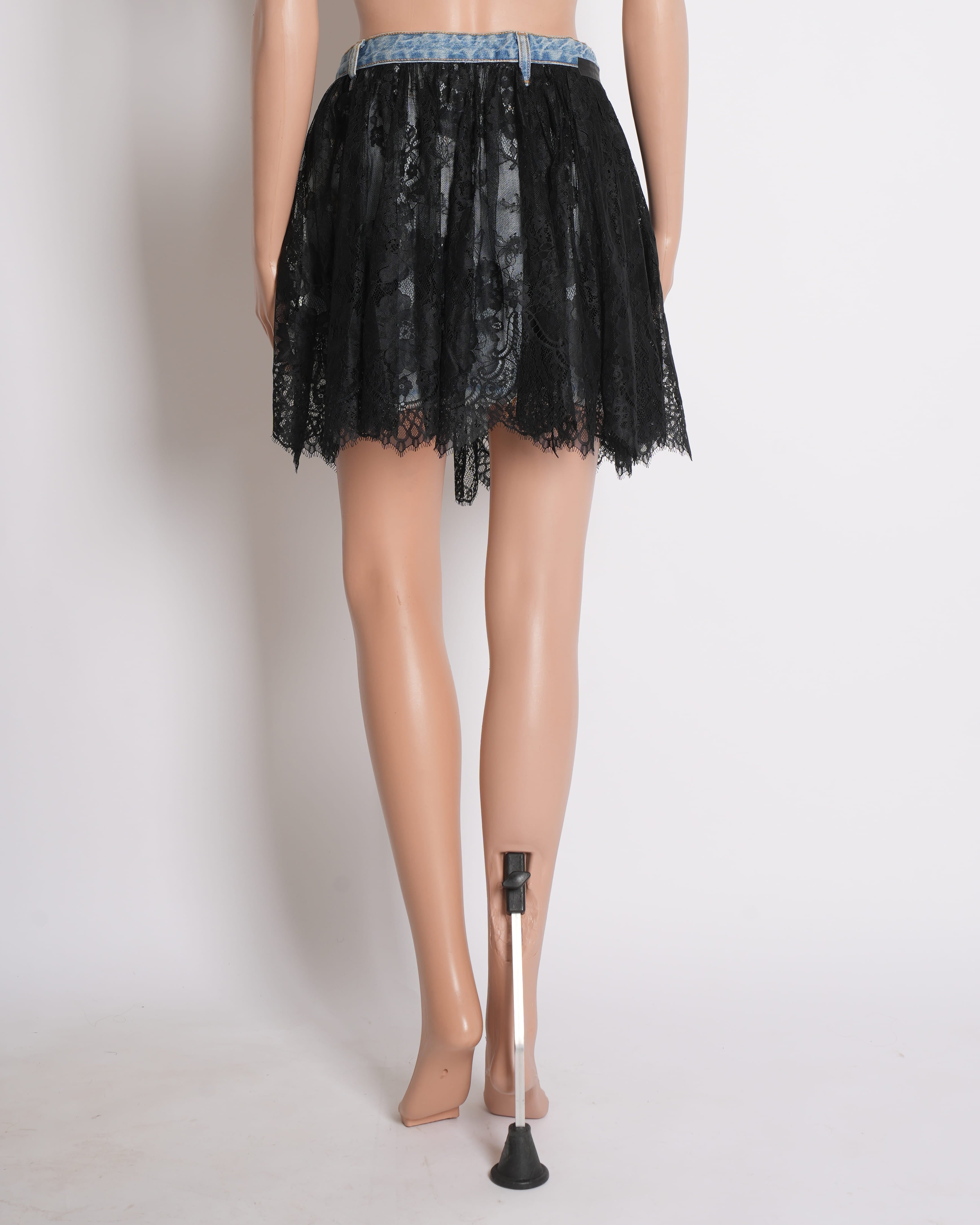 New UNRAVEL PROJECT Black Floral Lace Ruffle & Blue Denim Inside-Out Skirt