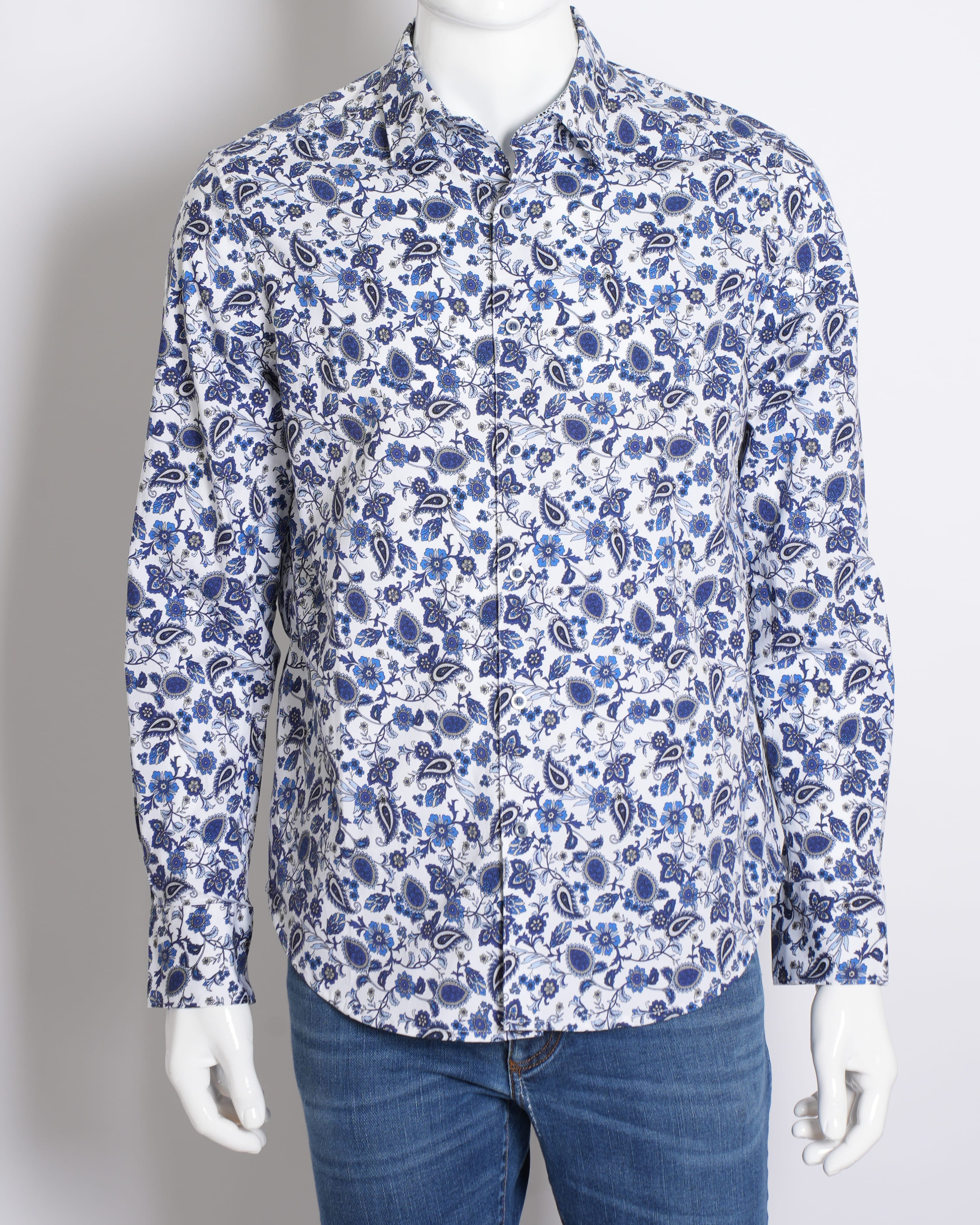 Roberto Graham Blue & White Button Down Full Sleeve Shirt In Paisley Print