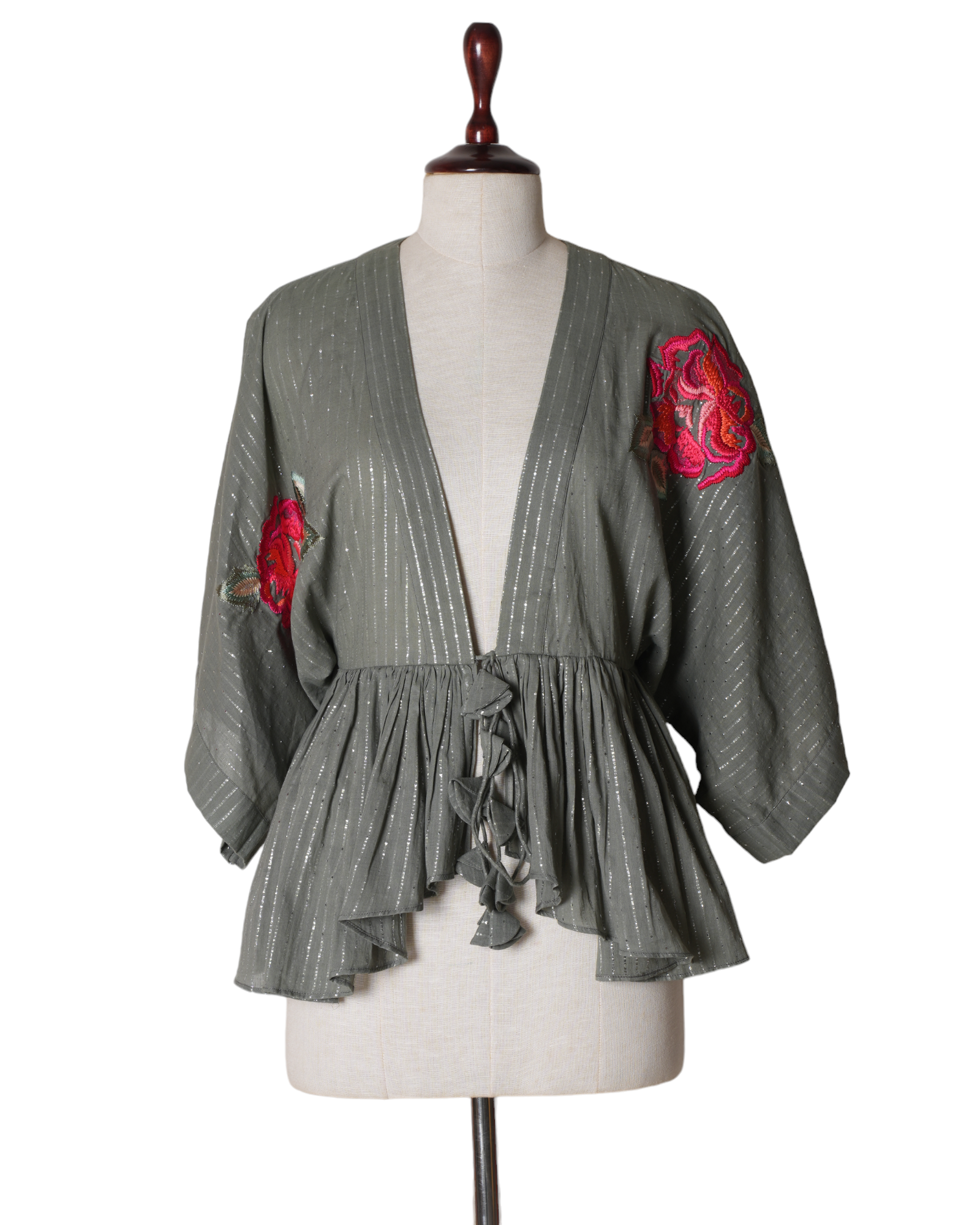 Half Full Curve Sage Green Foliage Embroidery Kimono Top