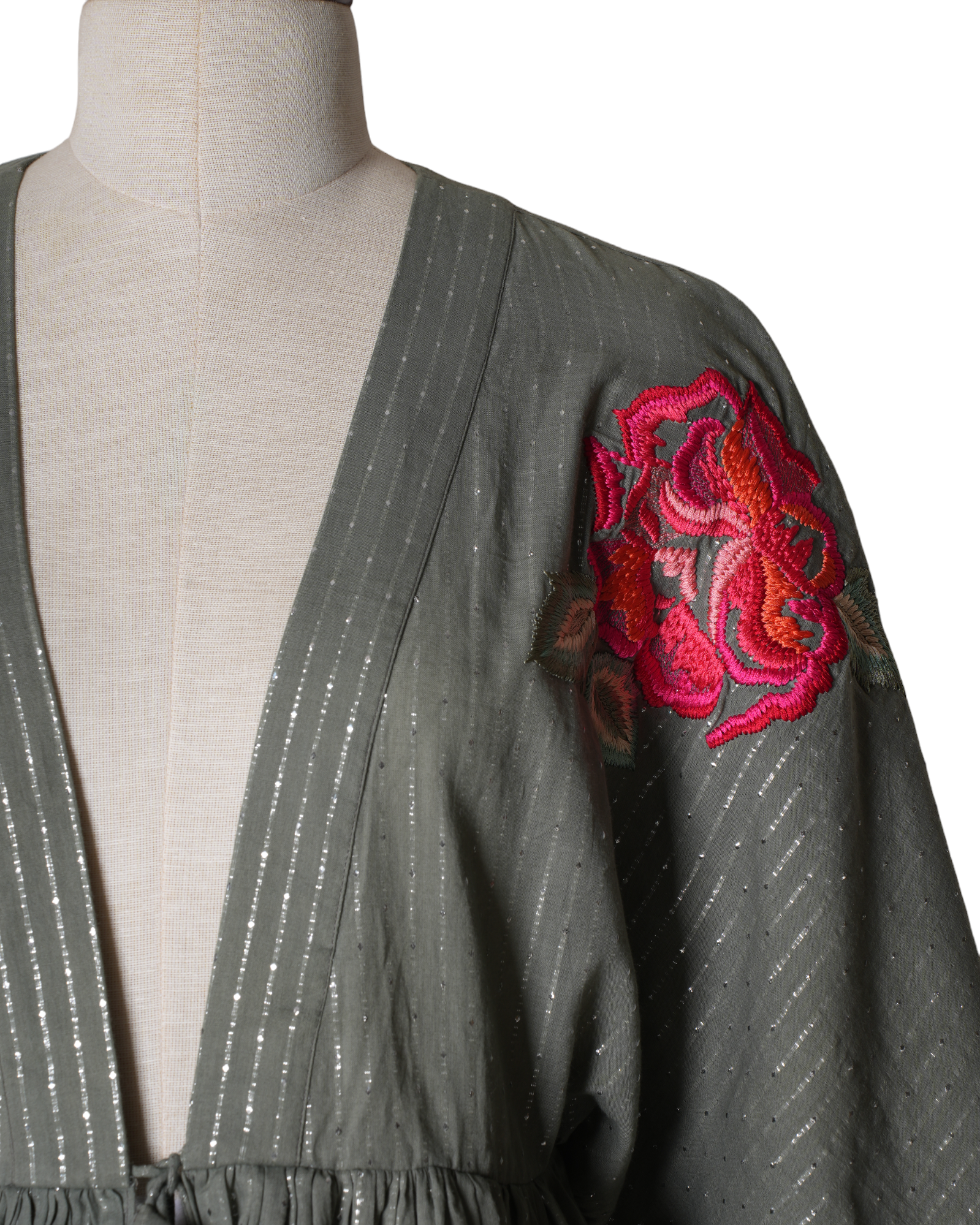 Half Full Curve Sage Green Foliage Embroidery Kimono Top