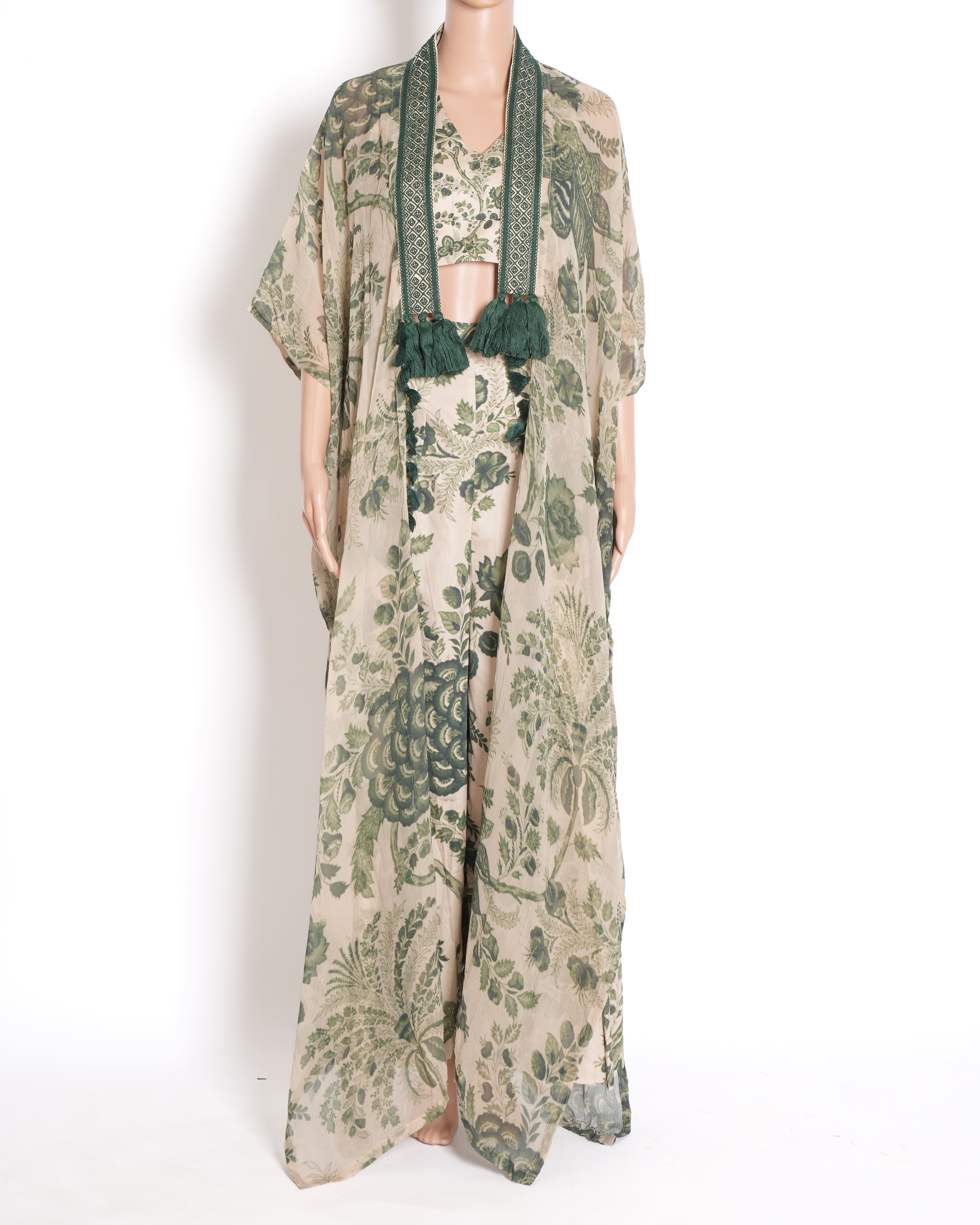 Pooja Keyur Chiffon Bustier V-Neck with Open Jacket & Pants (3-Piece Set)