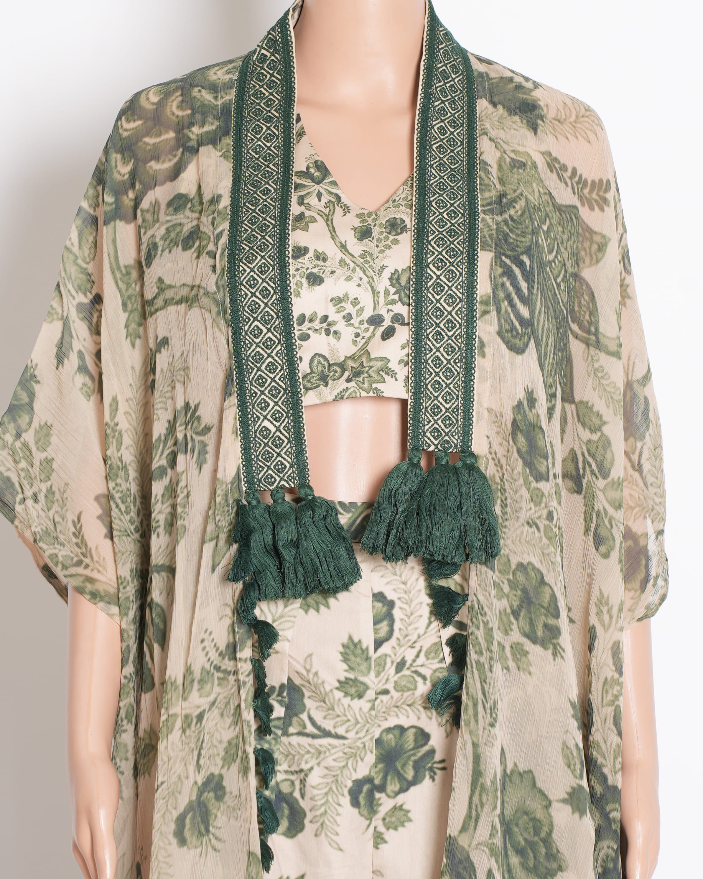 Pooja Keyur Chiffon Bustier V-Neck with Open Jacket & Pants (3-Piece Set)