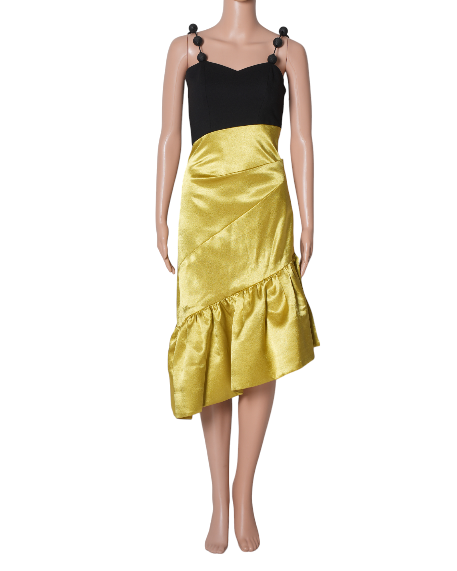 New Yellow Satin Cocktail Dress With Bead Strap