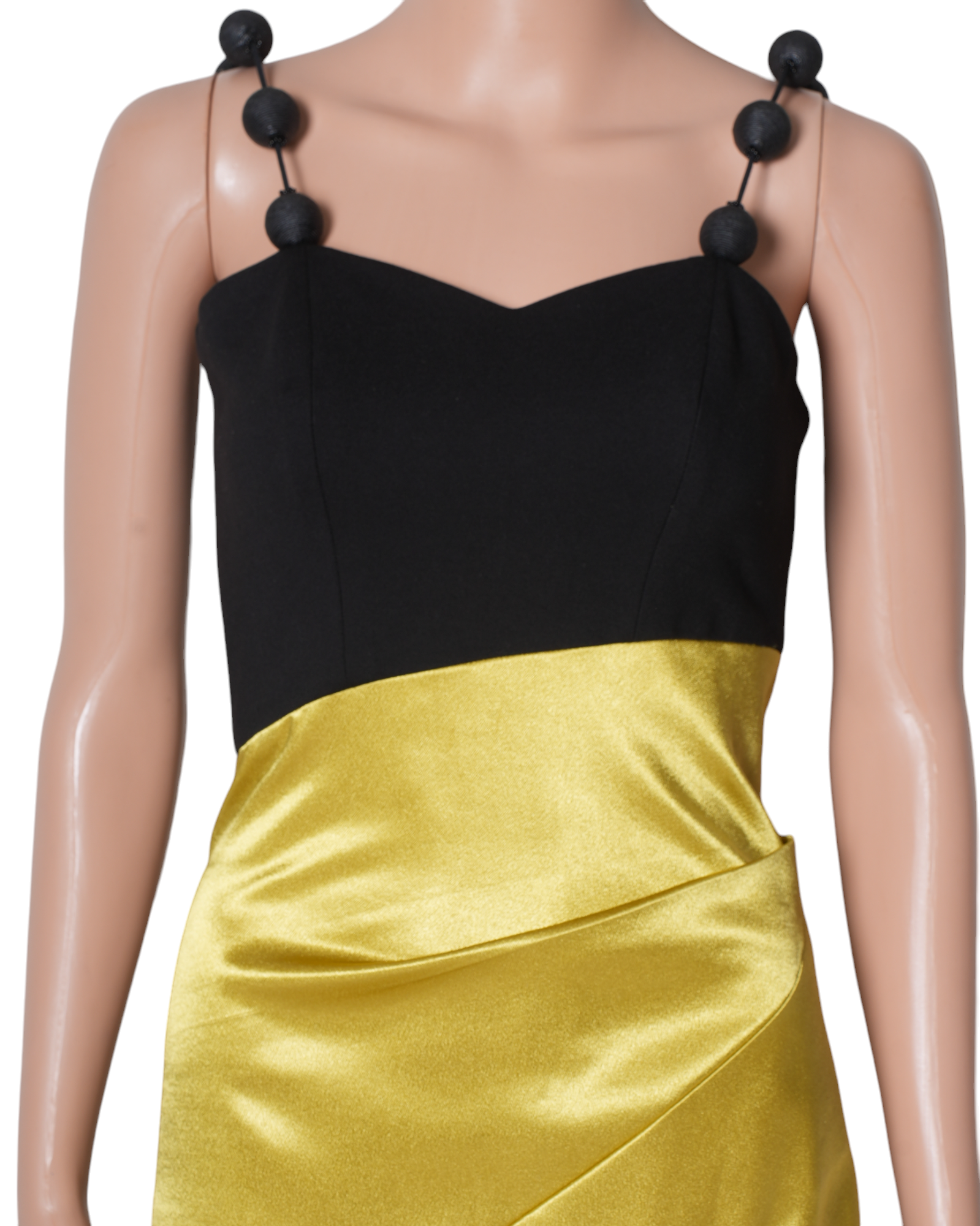 New Yellow Satin Cocktail Dress With Bead Strap