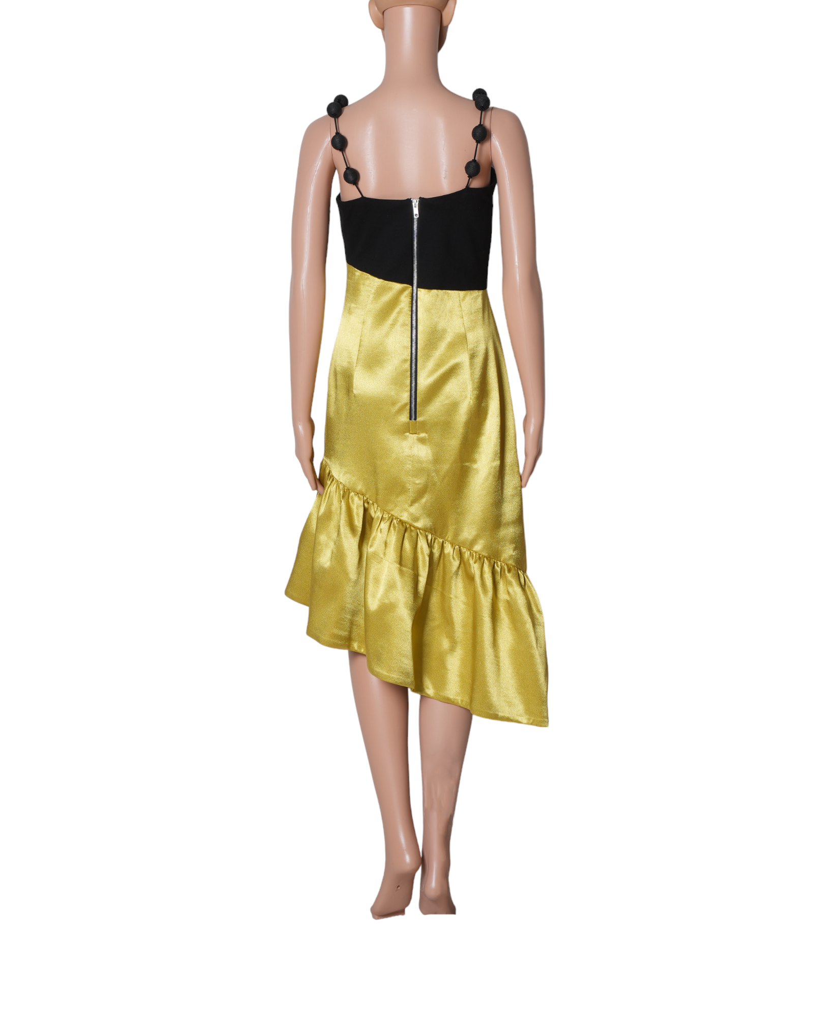 New Yellow Satin Cocktail Dress With Bead Strap