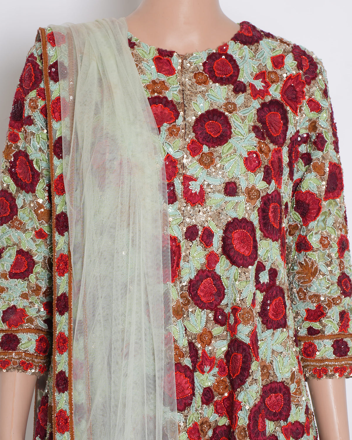 Manish Malhotra Floral Fully Embroidered Lehenga Set In Sage Green & Maroon