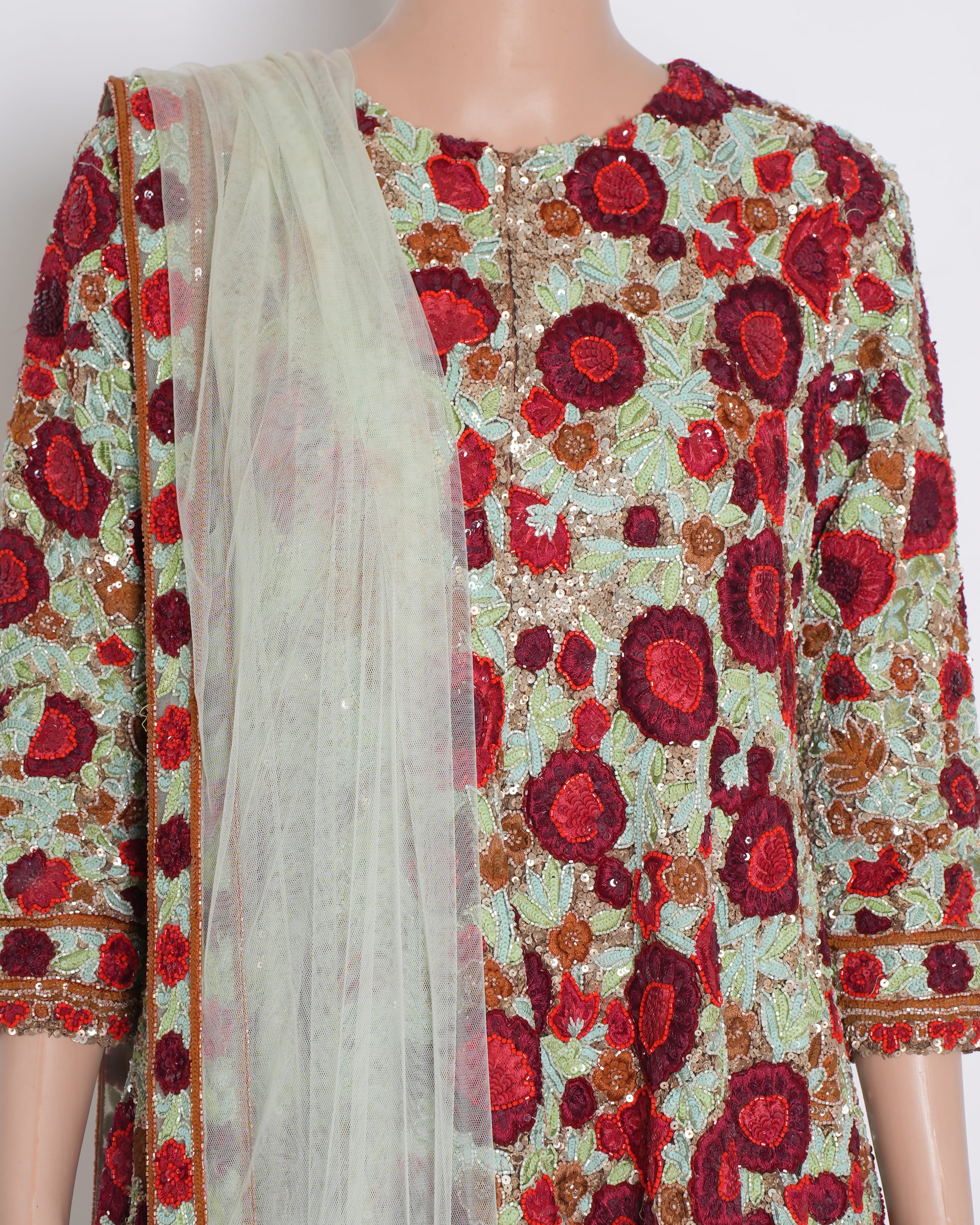 Manish Malhotra Floral Fully Embroidered Lehenga Set In Sage Green & Maroon