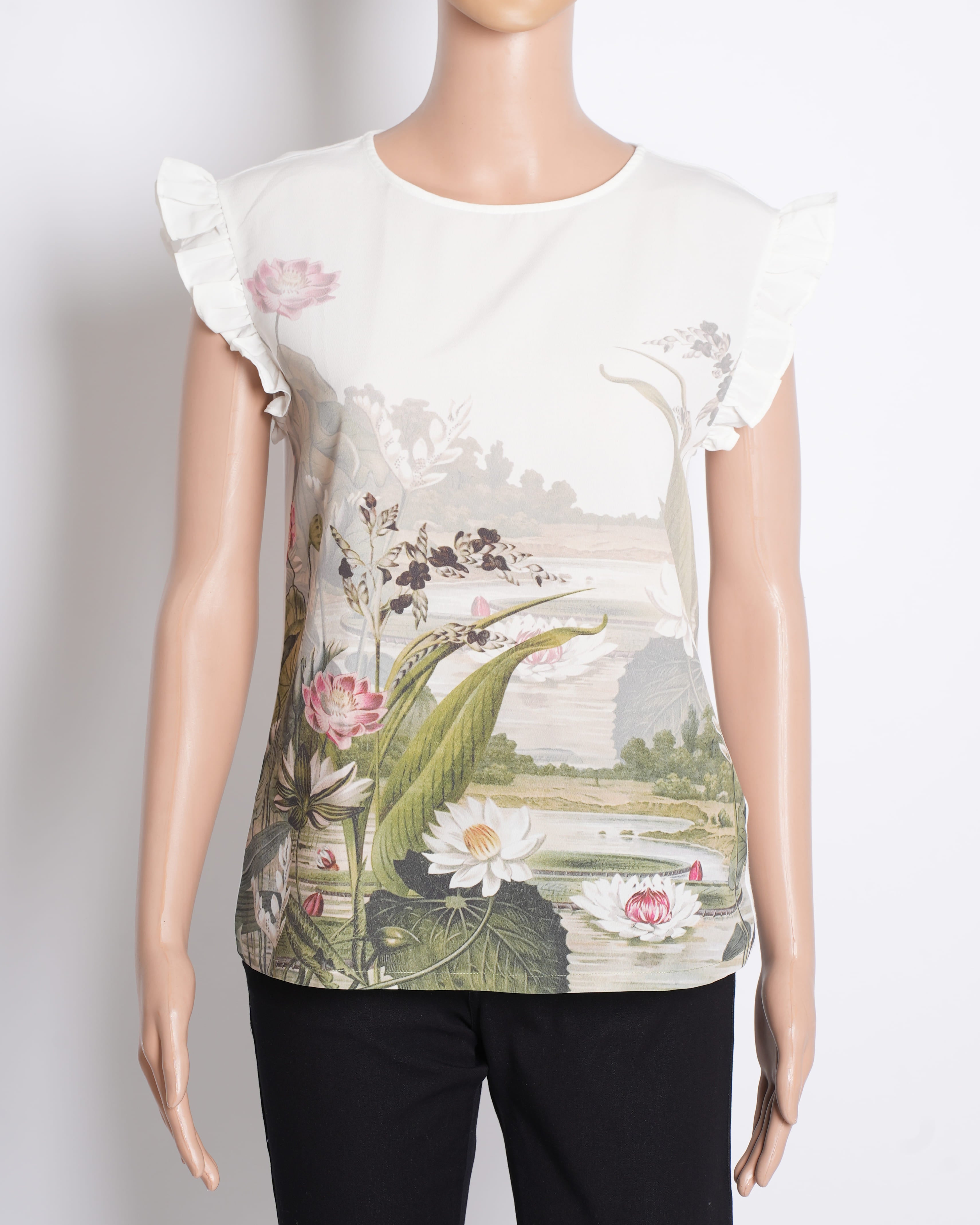 Ted Baker Floral Printed Top with Gathered Detailing on Sleeves