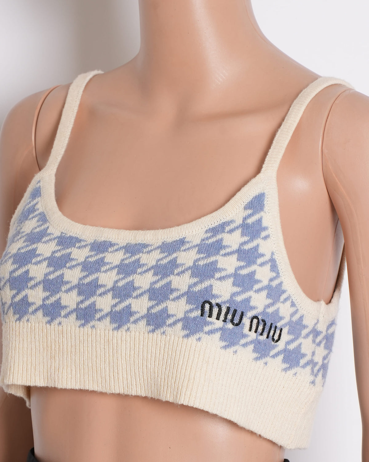 Miu Miu 2022 Cashmere Crop Top In Blue Houndstooth