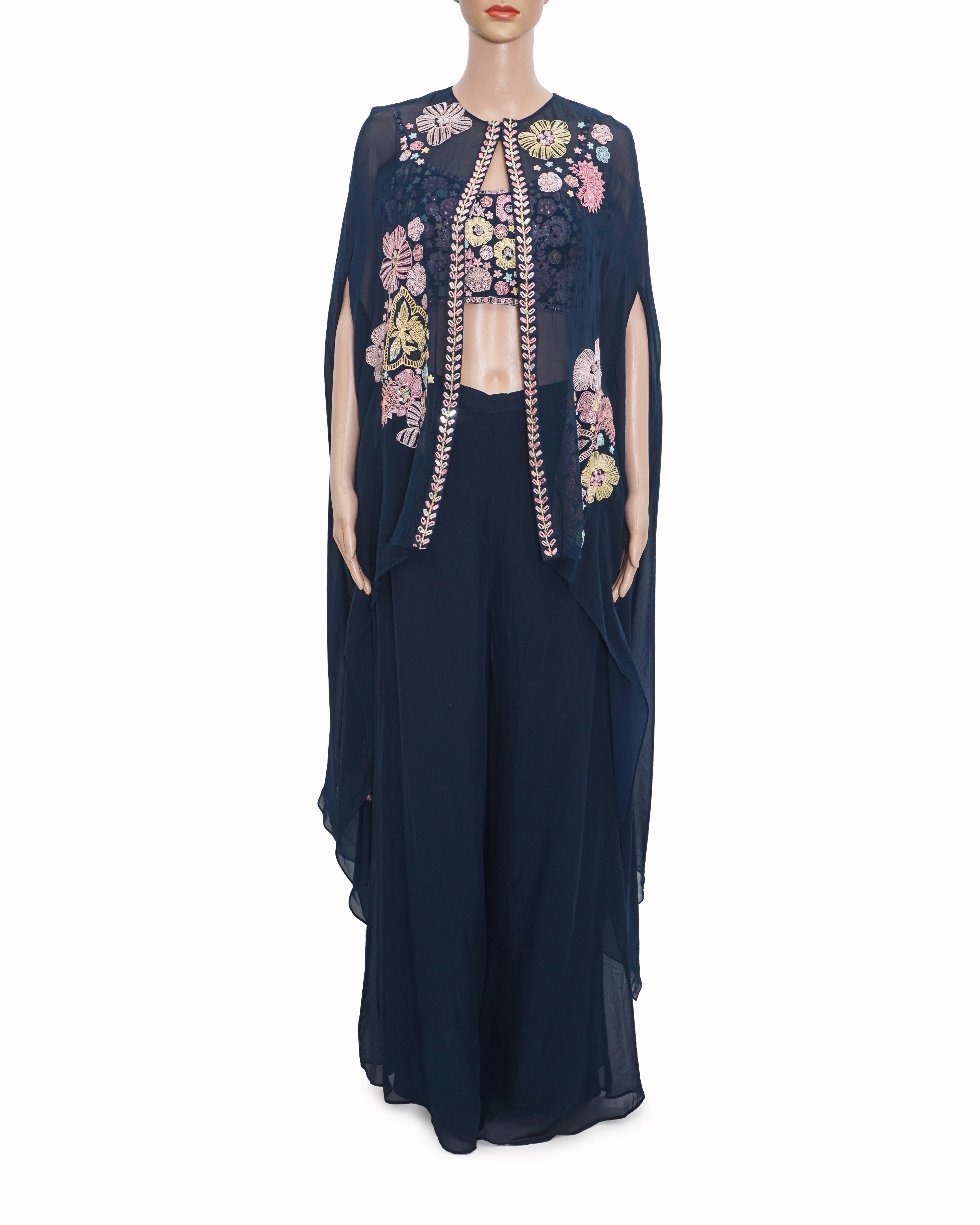 Mishru Navy Blue Floral Hand-Embodied Cape & Sharara Set