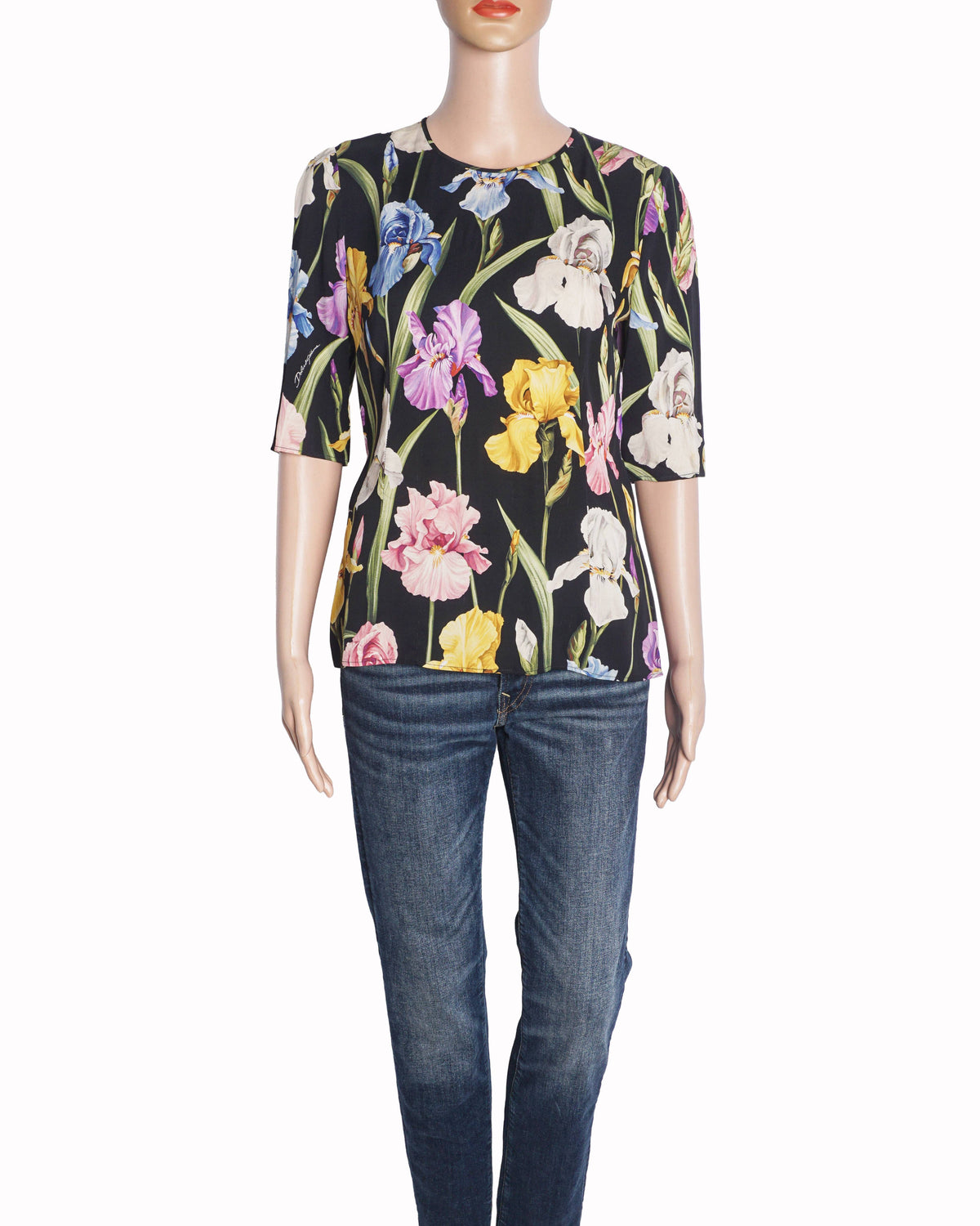 Dolce & Gabbana Black Iris Floral Print Silk Top