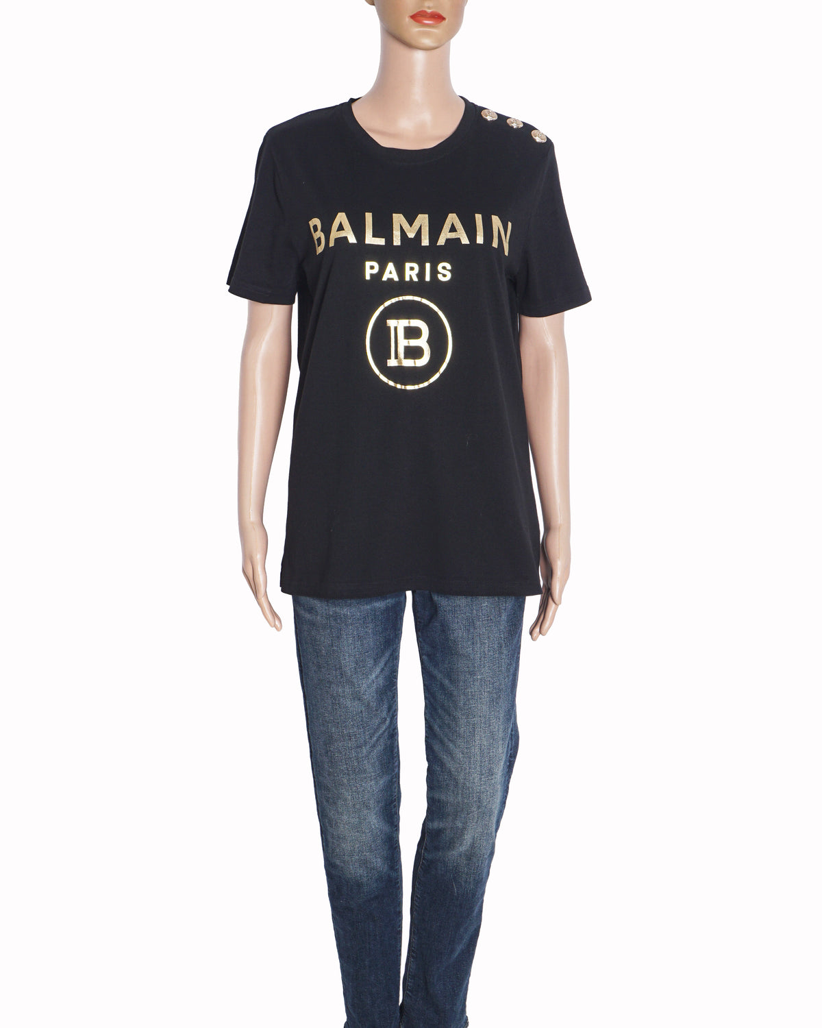 Balmain Black Cotton Gold Logo T-Shirt with Shoulder Buttons