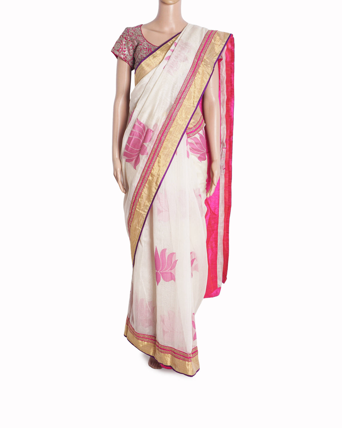 Anamika Khanna Ivory Pink Lotus Saree with Heavy Zardozi Blouse