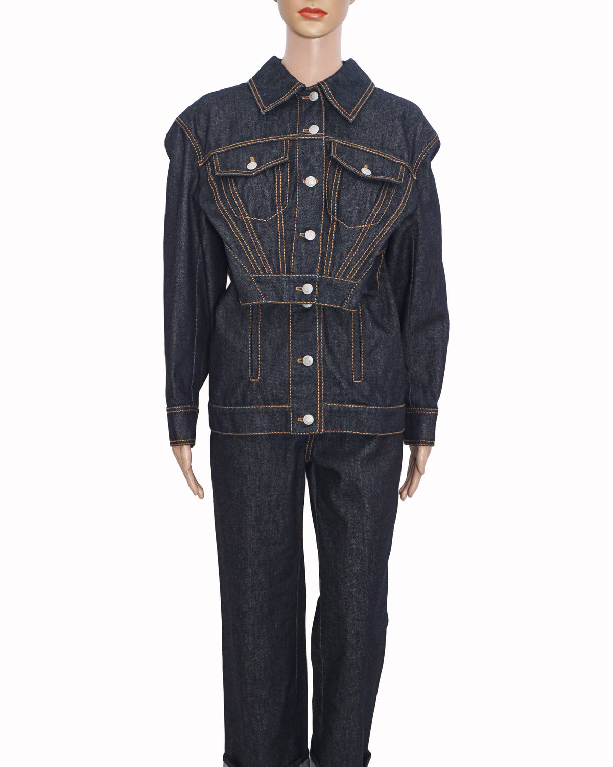 Alexander McQueen Raw Indigo Denim Trompe L'oeil Peplum Jacket & Trousers Set