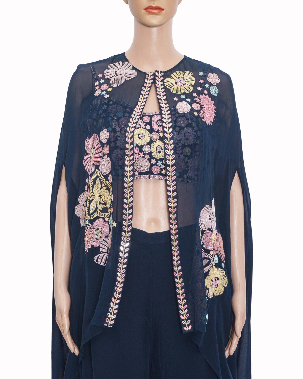 Mishru Navy Blue Floral Hand-Embodied Cape & Sharara Set