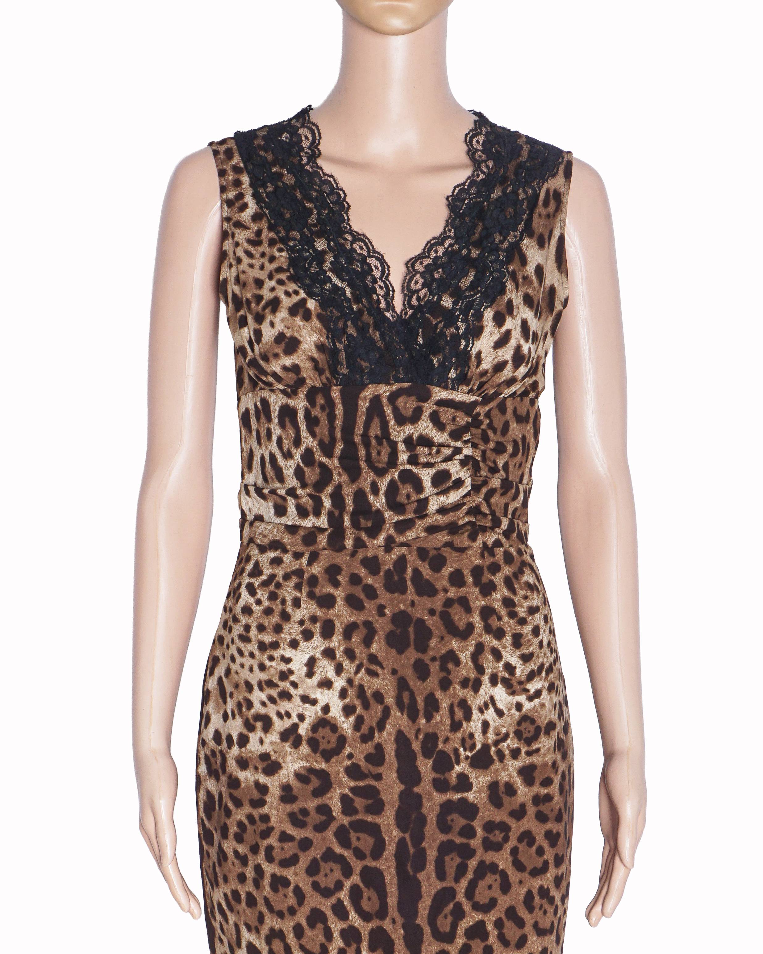 Dolce & Gabbana Leopard Print Lace-Trim V-Neck Midi Dress